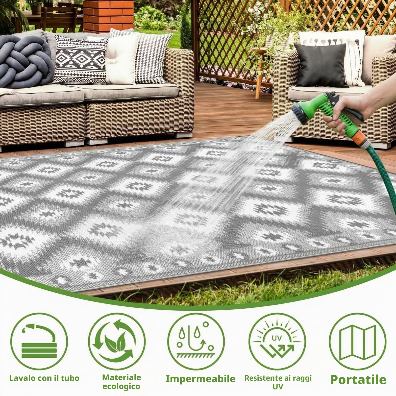 SHACOS Tappeto per Esterni Grande 180x270 cm Grigio Reversibile resistente alle intemperie UV Plastica Campeggio Balcone Terrazza Spiaggia