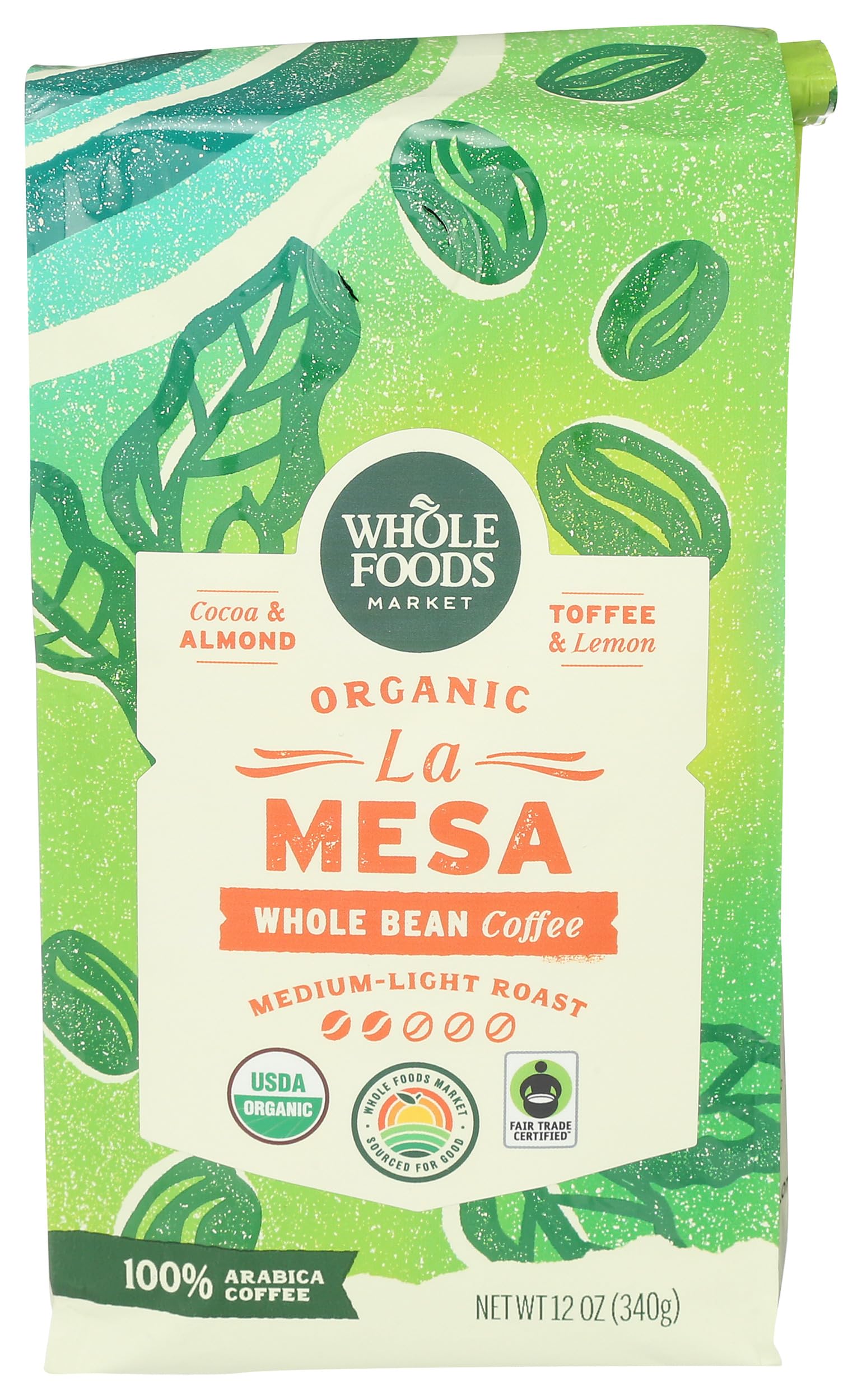 Whole Foods Market, Organic La Mesa Whole Bean Coffee, Medium-Light Roast, Cocoa, Almond, Toffee & Lemon, 12 Ounce