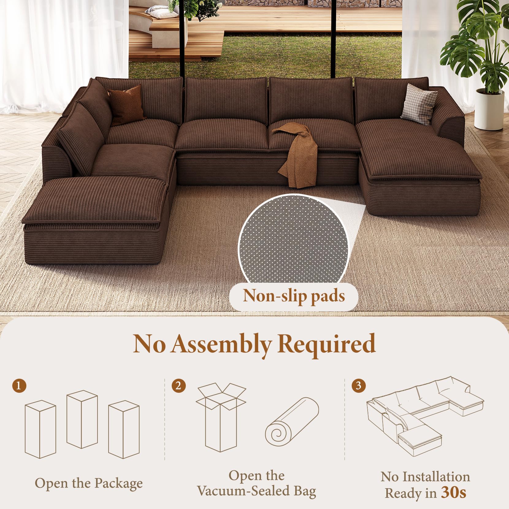 Vesgantti 7 Seater Boneless Sectional Couch, 141.7" Large Cloud Sofa, Brown | U Shaped Modular Couch with Chaise Ottoman, Deep Seat Sofa for Living Room, Pinstripe Corduroy, Curved Armrest, No Assembly