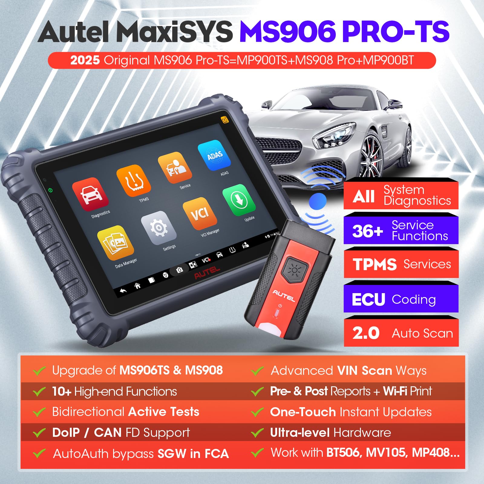 Autel MaxiSYS MS906 PRO-TS Scanner: 2025 MS906Pro-TS Up of MP900TS MS906 PRO MP900BT MS906MAX, Full TPMS & ECU Coding, Bidirectional Scan Tool, 3000+ Test, 36+ Service, CAN FD&DoIP, Auto Scan 2.0