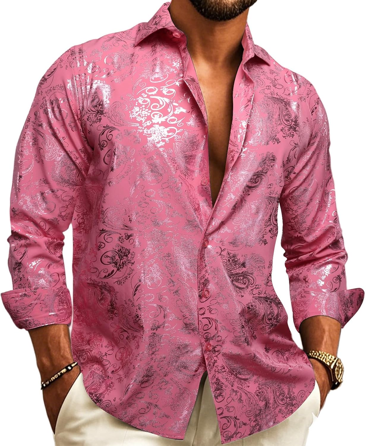 Barry.Wang Men's Disco Dress Shirt Long Sleeve Nightclub Mexico Paisley Floral Shirts Metallic Gothic Shiny Button Down Shirt