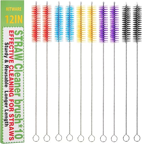 KITWARE Cepillo limpiador de pajitas para beber, cepillo de paja multicolor, limpiador de pipas pequeño extra largo, juego de 10 piezas, cepillo de