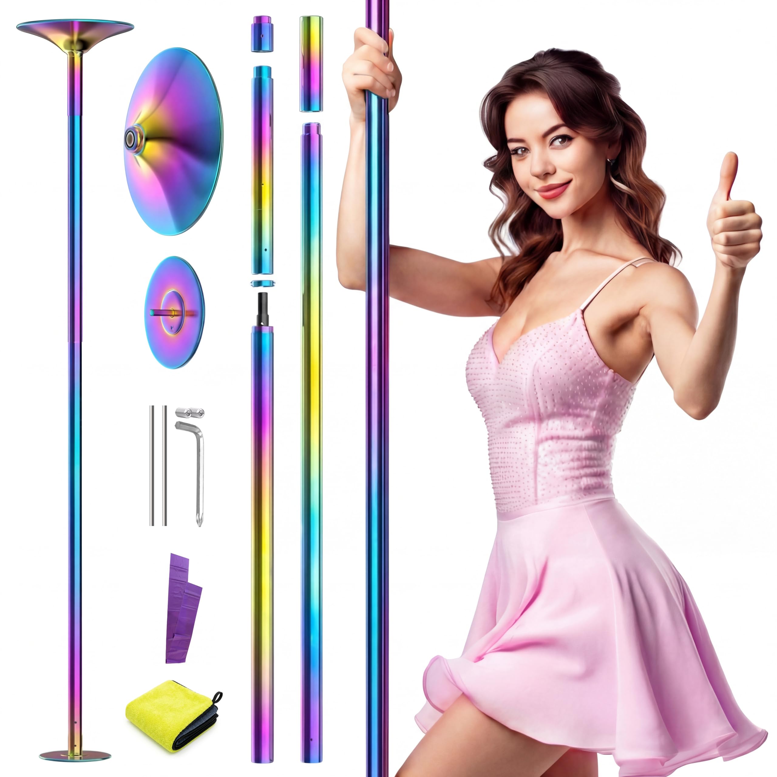 WantJoin Pole Dance Stange 45mm, Tanzstange Höhenverstellbar 224-275 cm, Statisch & Spinning, Verchromter Stahl,Poledance Set für Zuhause, Fitnessstudio, Indoor, Club und Party, Ohne Bohren