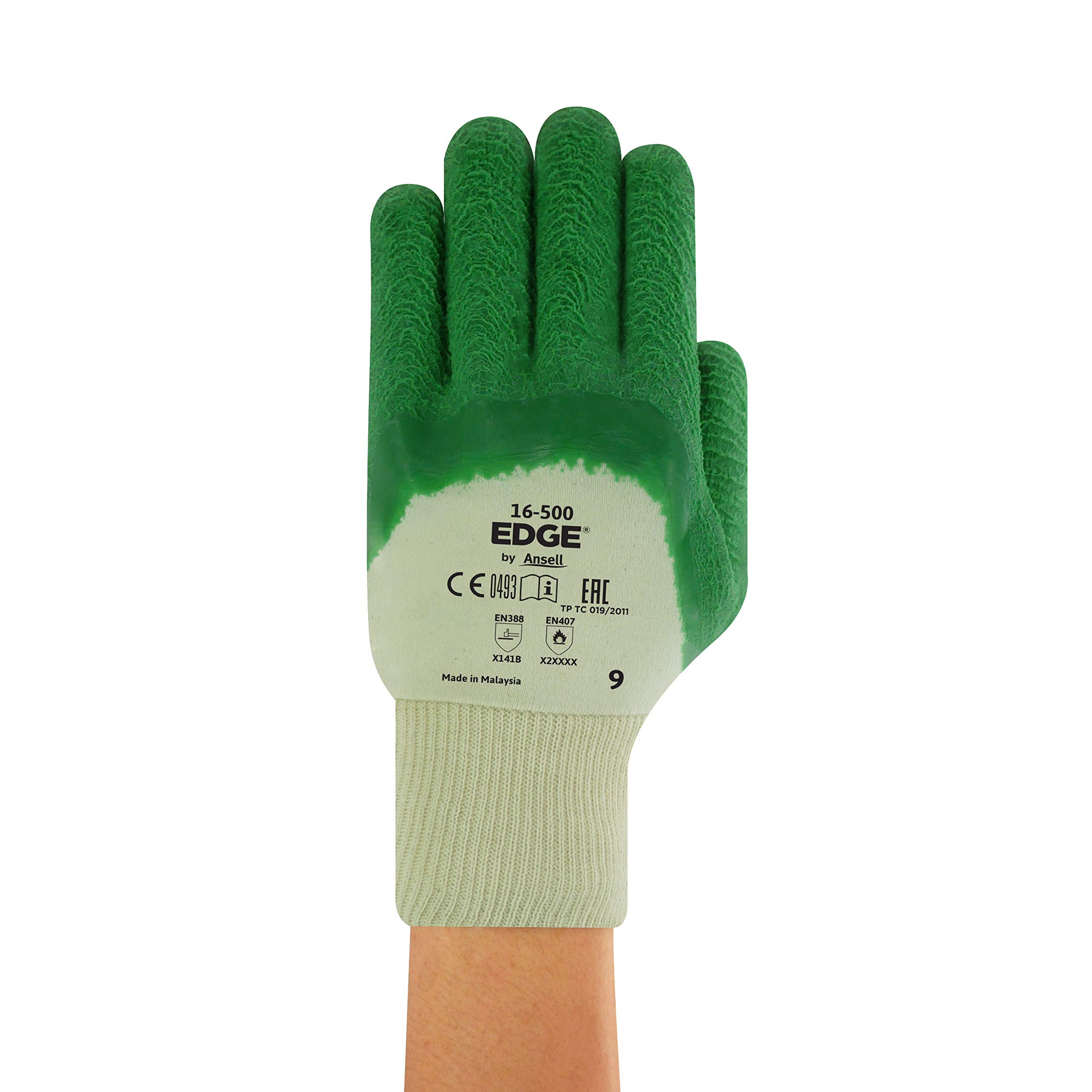 Ansell EDGE 16-500 Gants de Travail Polyvalents, Protection Mécanique Multi-Usage, Atelier, Bricolage, Peinture, Gant Fin Homme Femme, Lavable, Vert, Taille L (12 Paires)