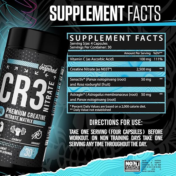 Inspired Nutraceuticals CR3 Creatine Capsules - Advanced Creatine Pills with Nitrates for Zero Bloat Muscle Volume & Recovery Support - 30 Servings (120 caps)