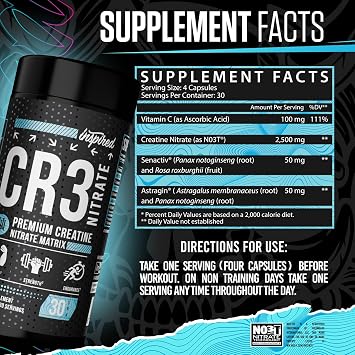 Inspired Nutraceuticals CR3 Creatine Capsules - Advanced Creatine Pills with Nitrates for Zero Bloat Muscle Volume & Recovery Support - 30 Servings (120 caps)