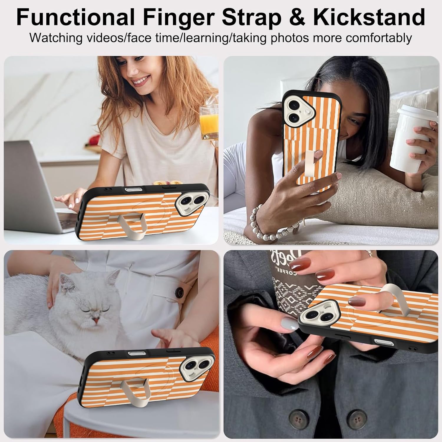 Magnetic for iPhone 17 Case with Finger Strap Stand, Compatible with Magsafe, Trendy Striped Phone Case for Women Men Slim Shockproof Cover for 17, Orange