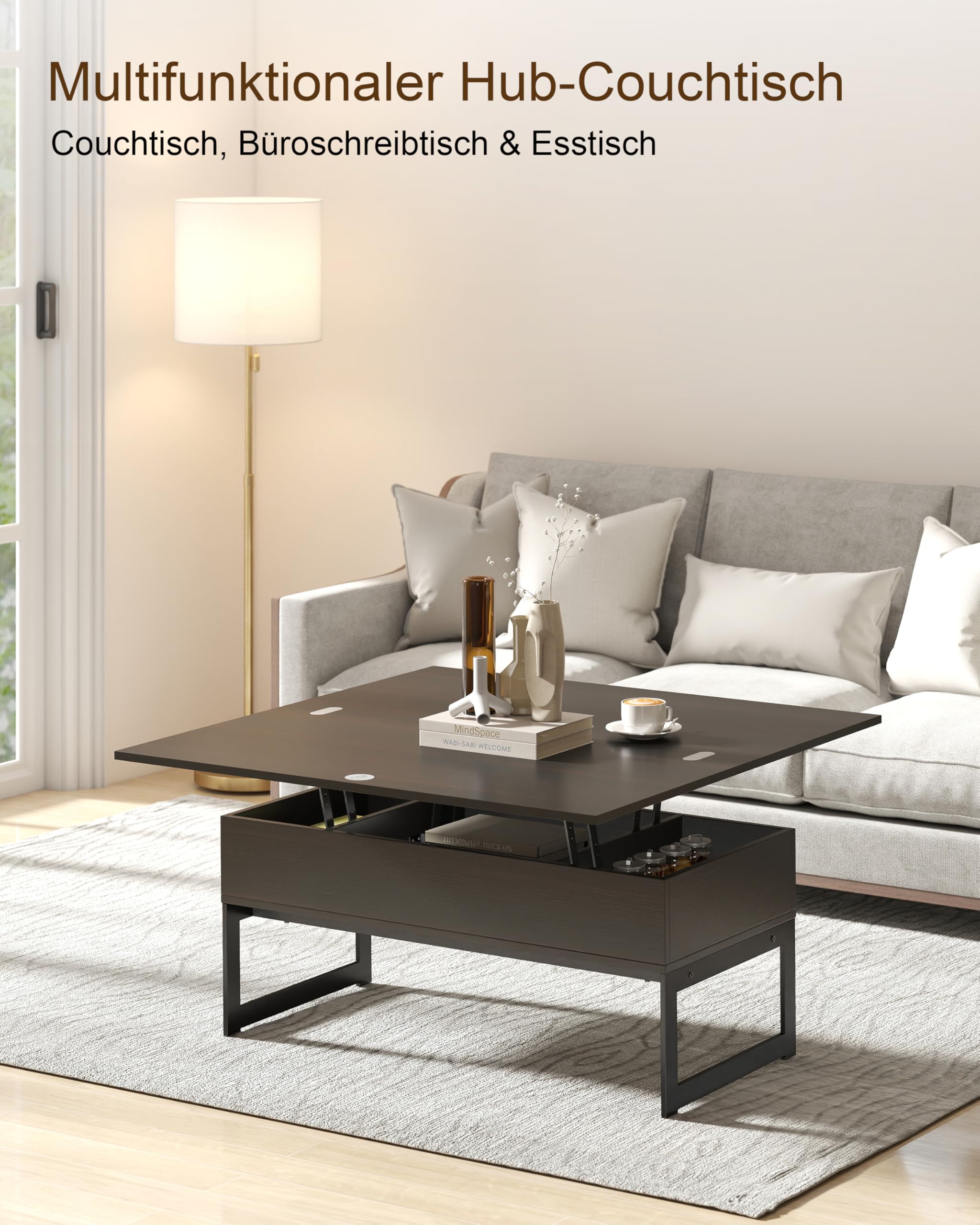 Manora Höhenverstellbar Couchtisch Ausziehbar,Wohnzimmertisch mit stauraum,Couchtisch Verstellbar,Kaffeetisch aus Holz Sofatisch für Wohnzimmer,Industrial Style (Bräunlich-schwarz)