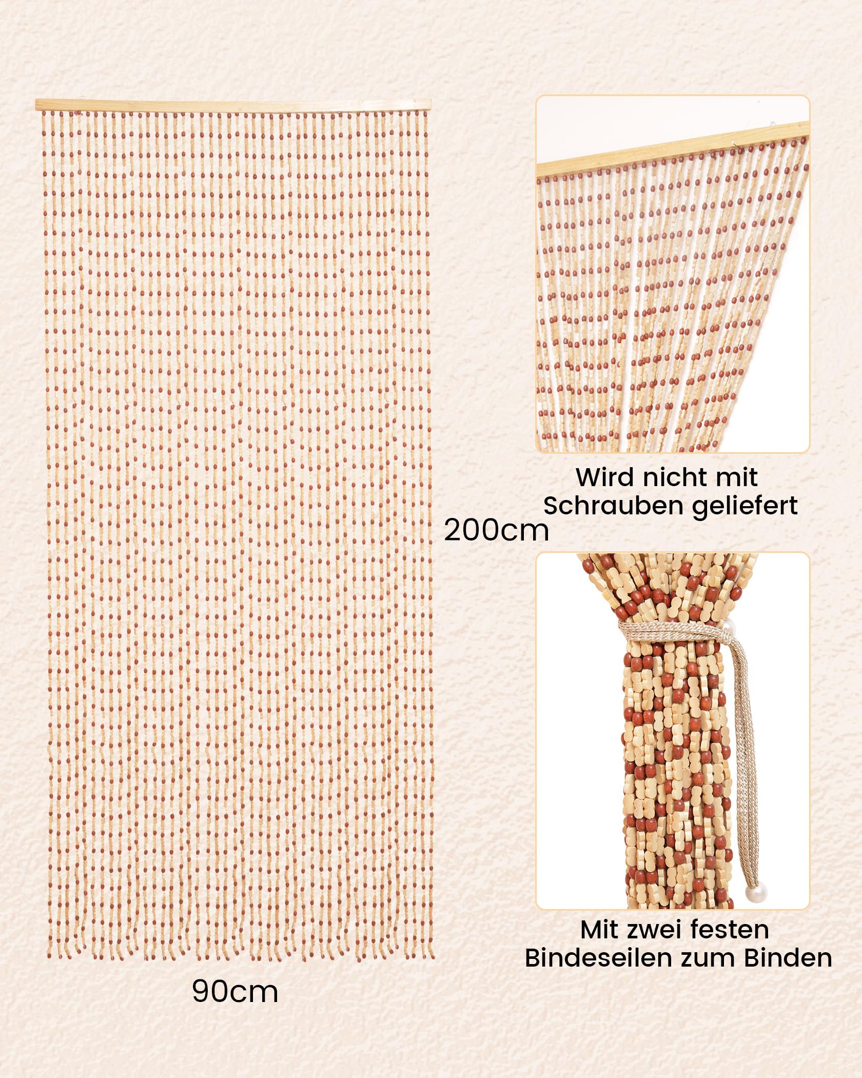 90x200cm Holz Perlenvorhang - 45 Stränge Retro Holzperlenvorhang - Handarbeit Natur Türvorhang Fadenvorhang als Insektenschutz Fliegenschutz für Schlafzimmer Wohnwagen Camping
