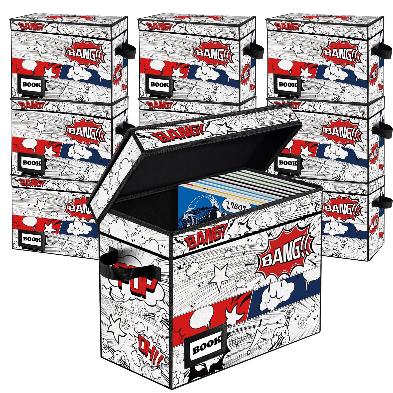 YNSZAS 10 Pack Comic Book Storage Box, 15.8" X 7.8" X 11.8", Heavy Duty Collapsible Holds 160-180 Comic Book Bin Container Holder Shelf (Cartoon Clock)