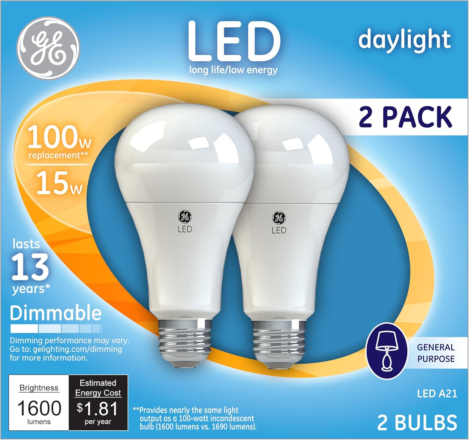 GE 66133 LED A19 Light Bulb with Medium Base, 17-Watt, Daylight, 2-Pack, 2 Count
