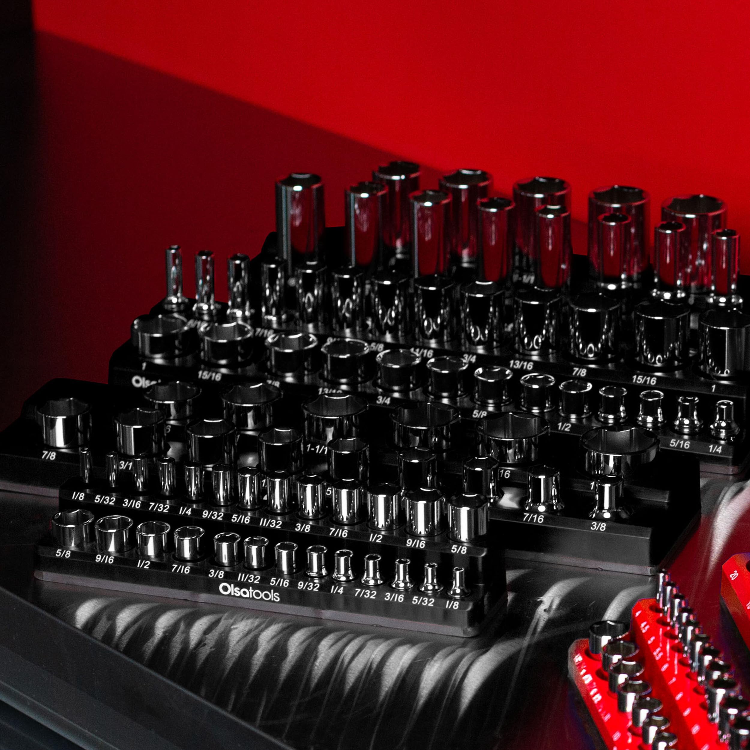 Olsa Tools Organizador magnético de llaves de vaso | Kit de soporte de 3 piezas | Unidad de 1/2 pulgadas, 3/8 pulgadas y 1/4 pulgadas | SAE negro | Capacidad para 68 llaves de vaso | Organizador de
