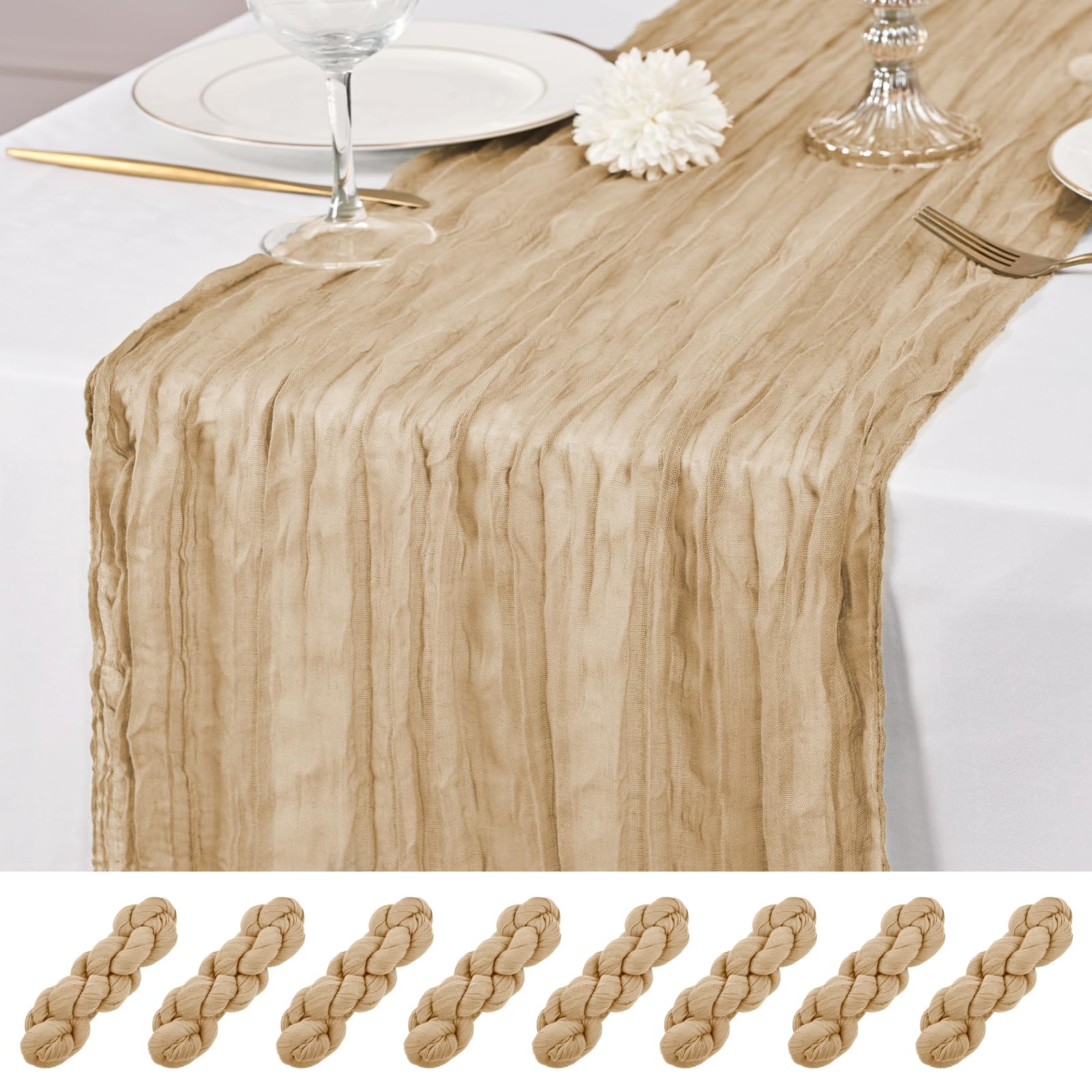 8 Pcs Beige Cheesecloth Table Runner, 21x120 inch Sage Green Table Runner Rustic Gauze Romantic Long Sheer Fabric 10Ft Cheese Cloth Table Runners for Wedding Party Bridal Baby Shower