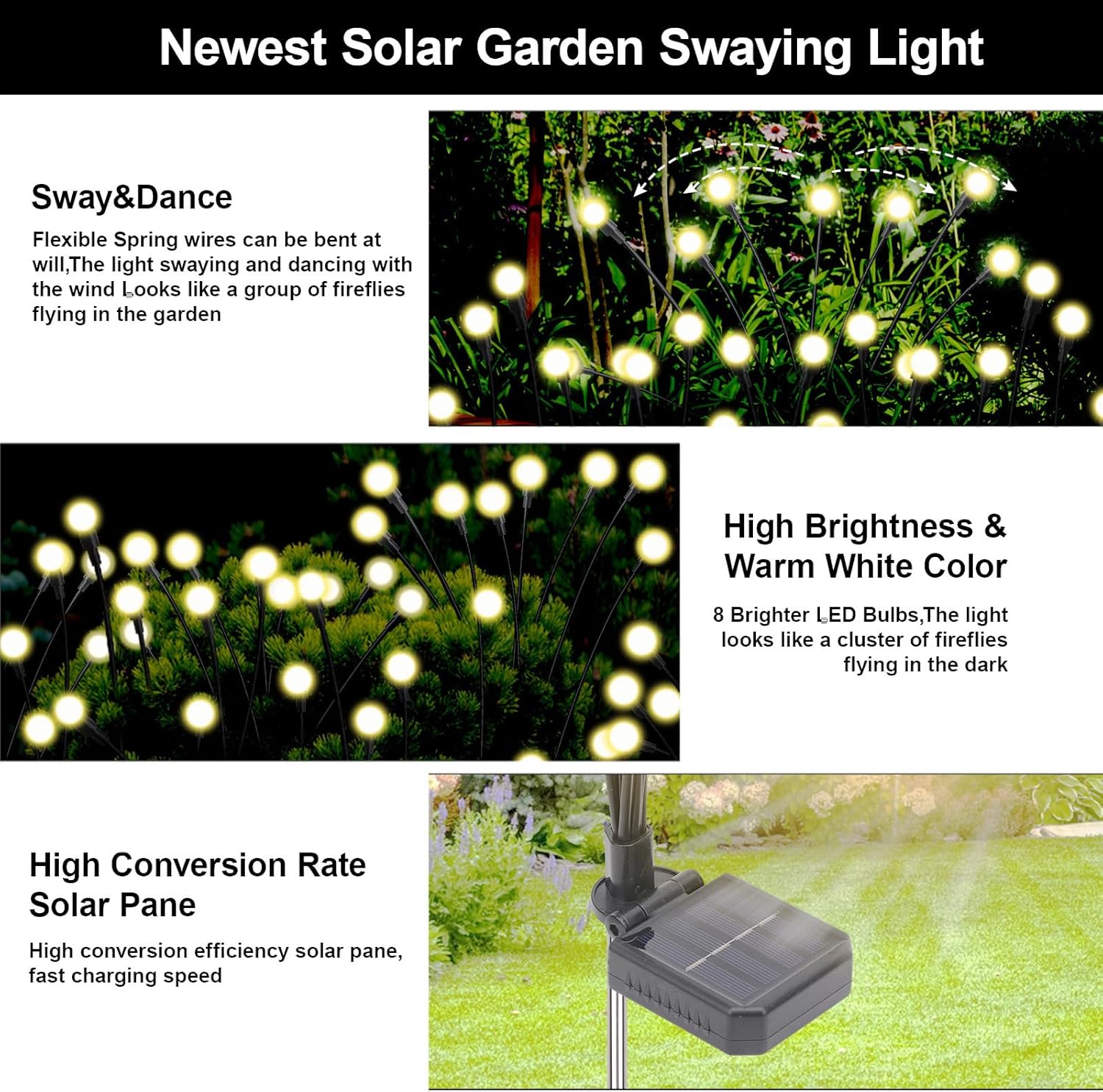 Solar Firefly Lights Outdoor, 8 Modes 800mAh Swaying Flashing Firefly Garden Lights Solar Powered Waterproof for Outside Yard Patio Pathway Lawn Christmas Garden Decor Warm White (6 Pack)