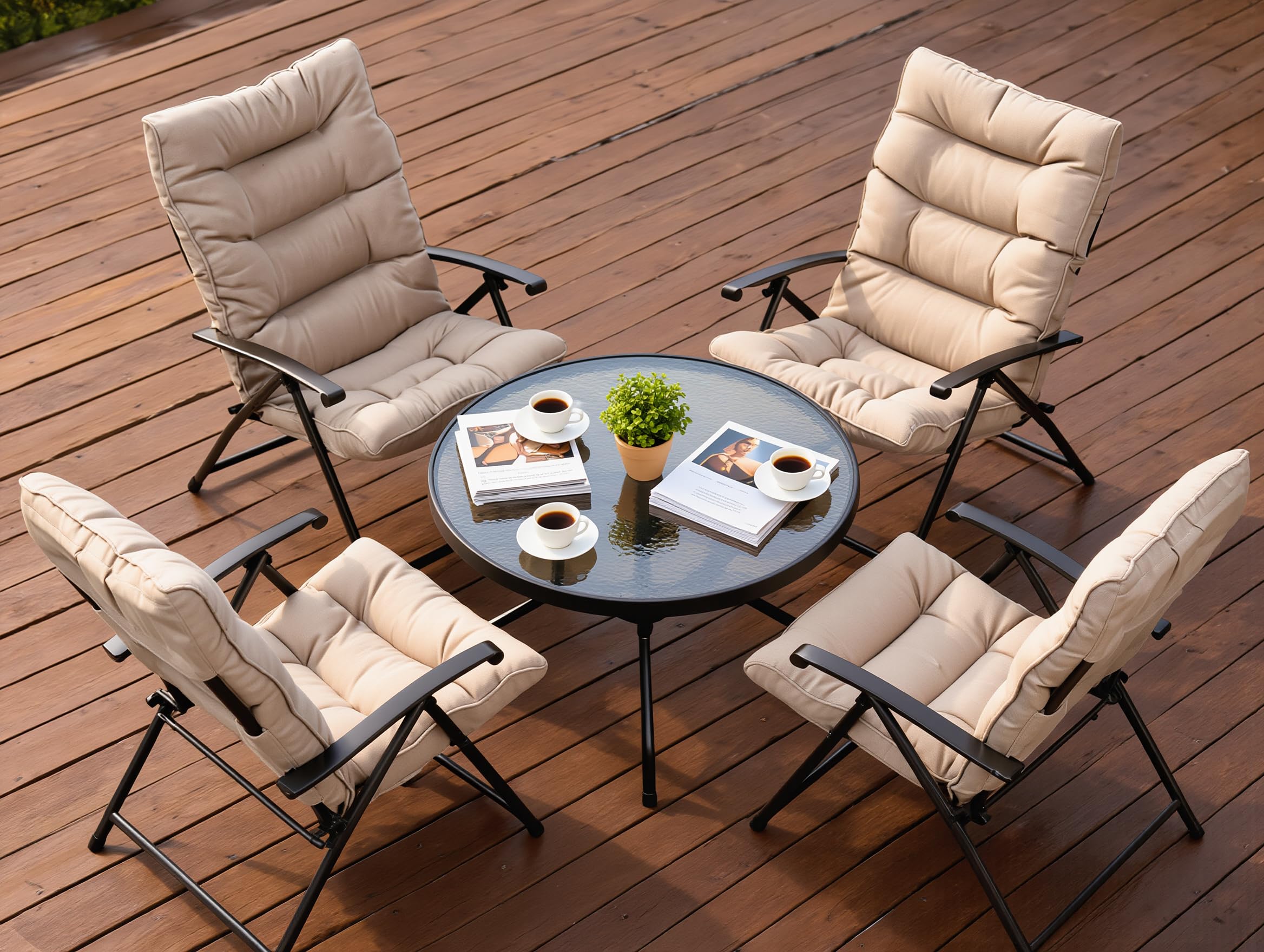 Set da Giardino Pieghevole 5 Pezzi SANTORINI – 4 Poltrone Reclinabili con Cuscini Beige + Tavolino Rotondo Ø86 cm Vetro Temperato – Schienale Regolabile 2 Posizioni – Arredo Giardino Salvaspazio