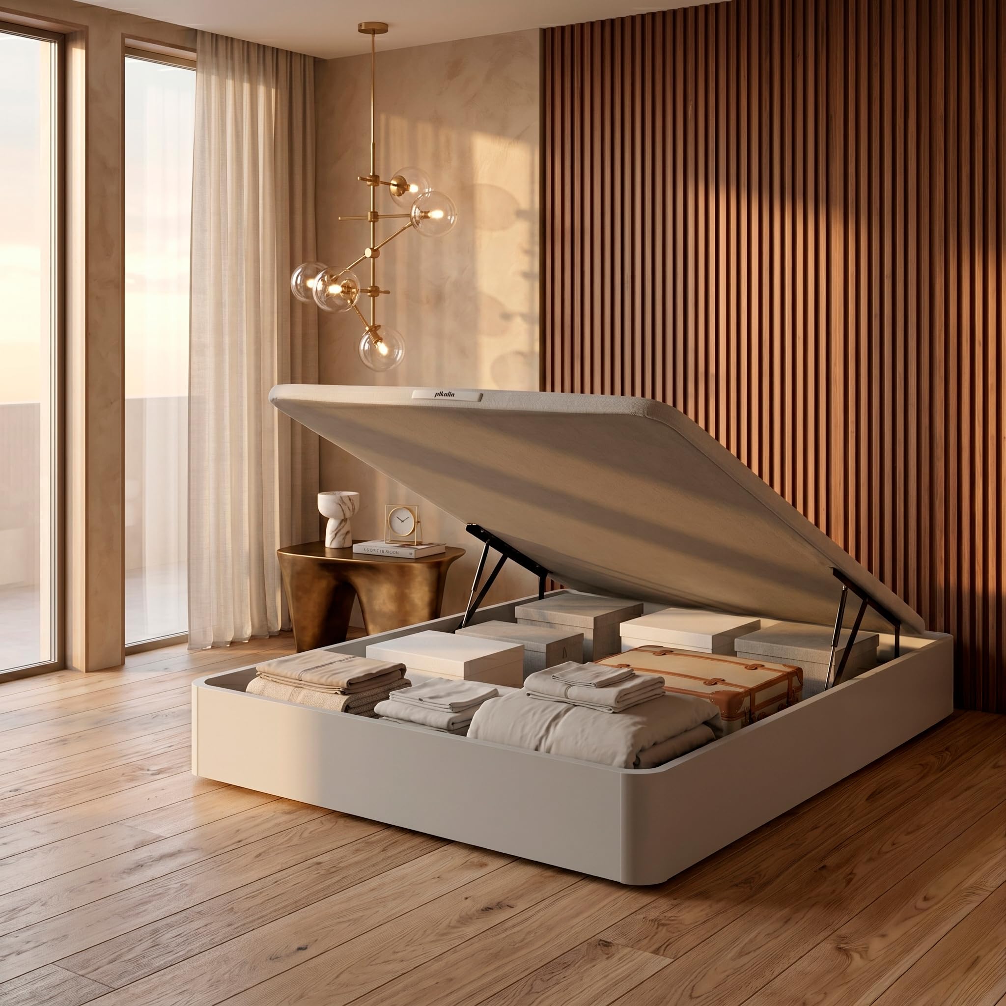 PIKOLIN Canapé Abatible de Madera con Gran Capacidad | Montaje y Retirada Usado Incluido | Esquinas Delanteras Redondeadas | 150x190 | Color Blanco | 32 cm Altura | AIRBOX