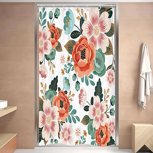 Riyidecor Cortina de ducha pequeña de 36 pulgadas de ancho x 72 pulgadas de alto, media estrecha, para primavera, floral, decoración de baño, hojas