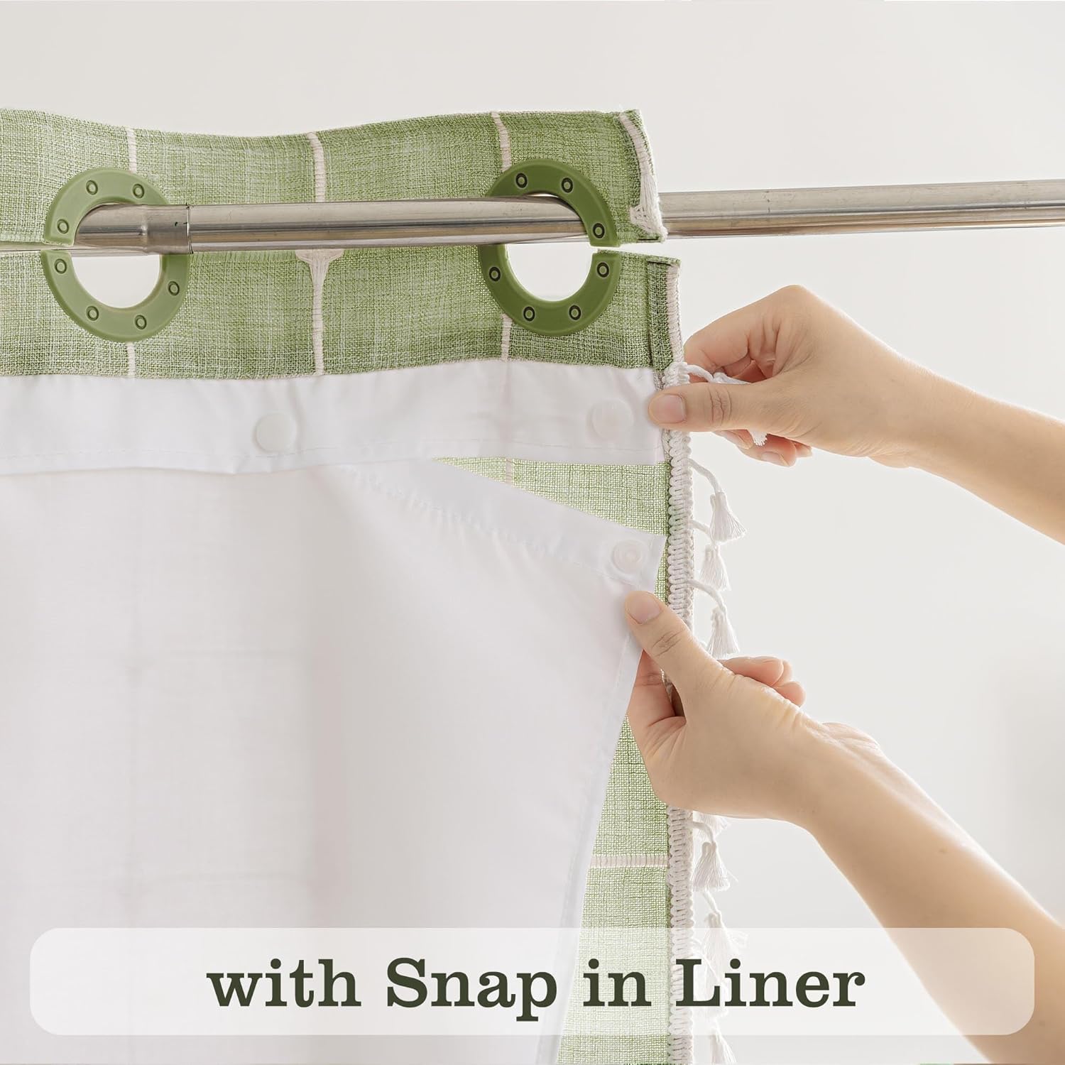 River Dream Sage Green Farmhouse Shower Curtain with Snap-in Liner, No Hooks Needed,with Magnets,with Tassels,Water Repellent&Machine Washable,71x74Inch