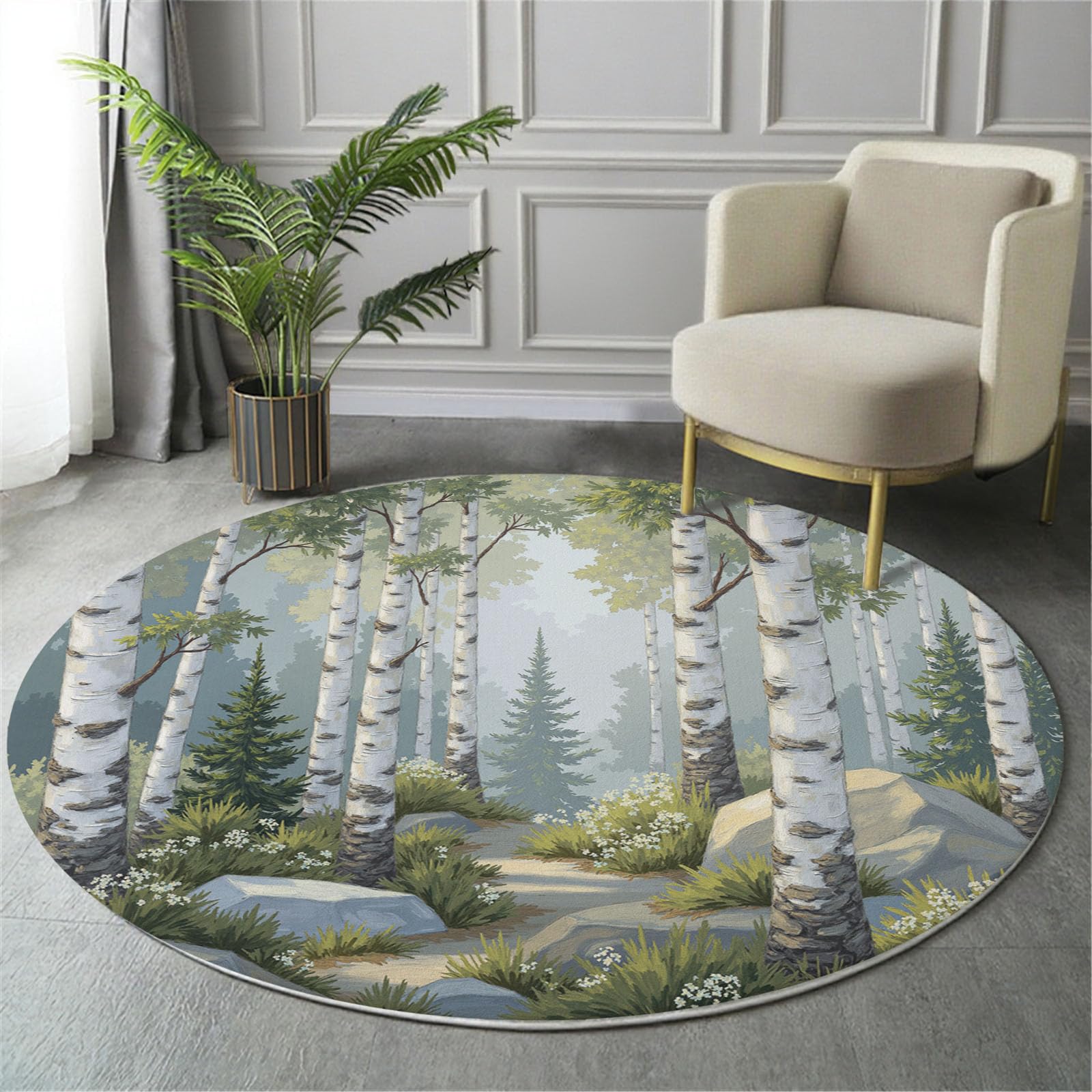 Tapis peinture à l'huile forêt de bouleaux doux rond 120cm