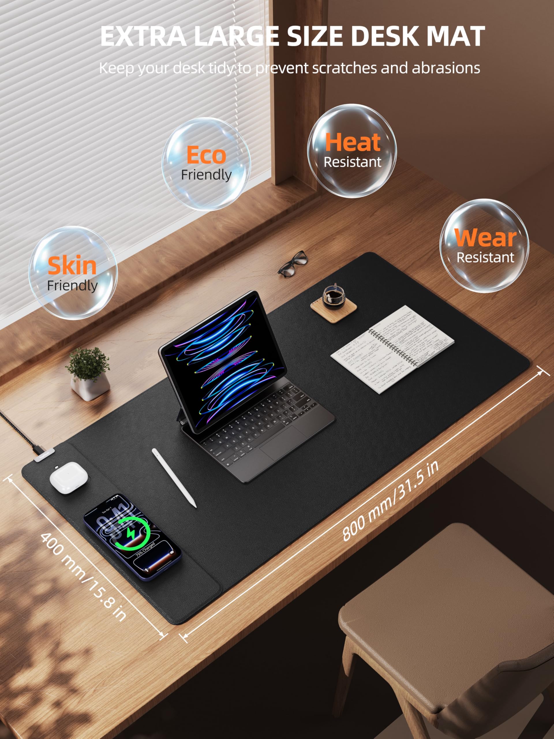 TopMade Alfombrilla de mouse con carga inalámbrica de 15 W, alfombrilla de escritorio de cuero grande XXL, impermeable, para juegos, hogar, oficina, escritorio, protector de teclado de computadora