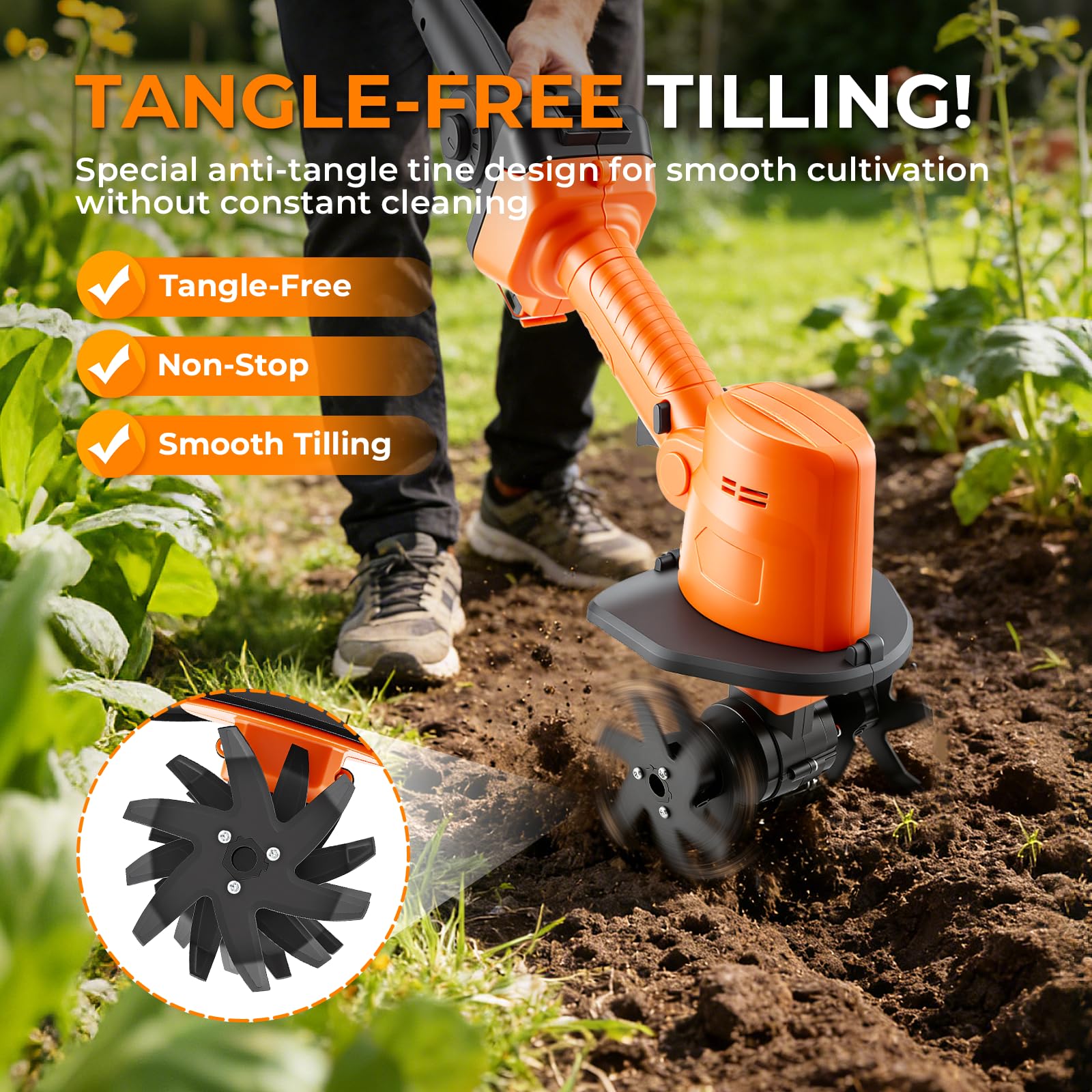 2 in 1 Akku-Bodenhacke, 21V Gartenfräse Elektrisch mit 2 * 1500mAh Akkus, Mikro Gartenfräse mit 1.3m Zusatzhandgriff (4 Metallmesser 10cm Arbeitsbreite 10cm Arbeitstiefe 235 U/min Drehzahl)