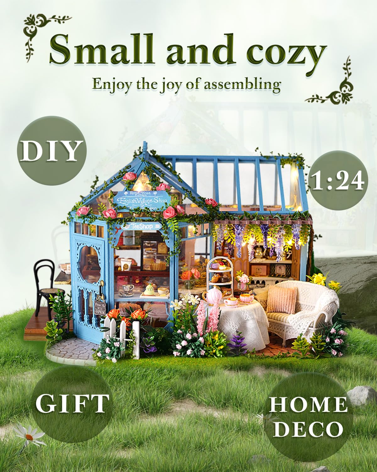 DIY Miniatur Haus Bausatz für Erwachsene,Puppenhaus Gewächshaus mit LED Licht,3D Puzzle Buchstütze aus Holz Modellbausatz Bastelset Bücherregal Deko Geschenken (Rose Garden Tea House)