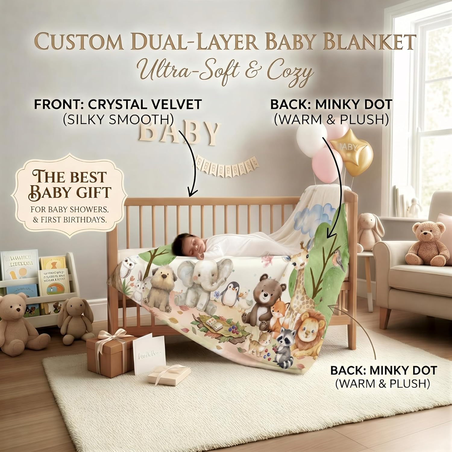 Custom Organic Cotton Double Layer Minky Dot Handmade Embroidered Baby Tummy Time Blanket with Name Customized Newborn Picture Anniversary Throw Gift for Boy Girl from Morther Dad Mom (Floral)