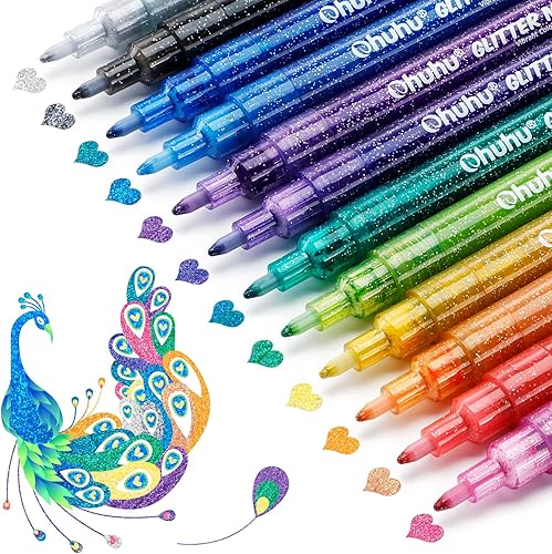 Rotulador de purpurina: Ohuhu 12 colores con purpurina, marcador metálico, punta fina, tinta a base de agua, para niños y adultos, manualidades,