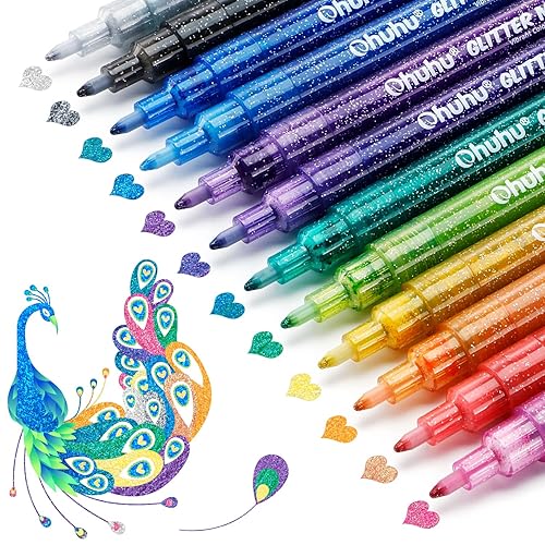 Ohuhu Glitter Markers Pen: 12 Glitter Colors Metallic Shimmer Marker Fine Tip Water-based Ink for Kids Adults DIY Crafts Greeting Birthday Cards Making Mugs Wood