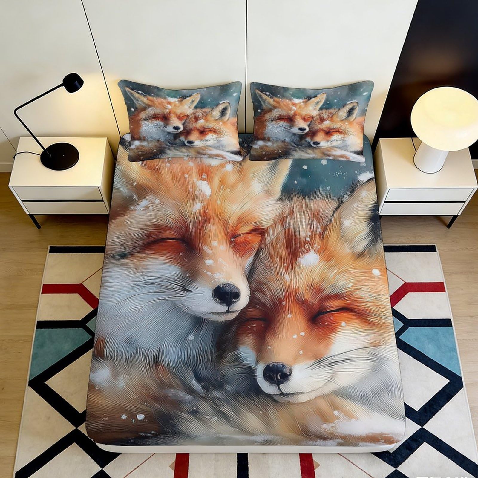 3D Printed Fox Snow Forest Fitted Sheet Microfiber Soft Anti-Slip Bed Cover for Bedroom Guestroom Dorm Mattress Protection 90x200x25cm