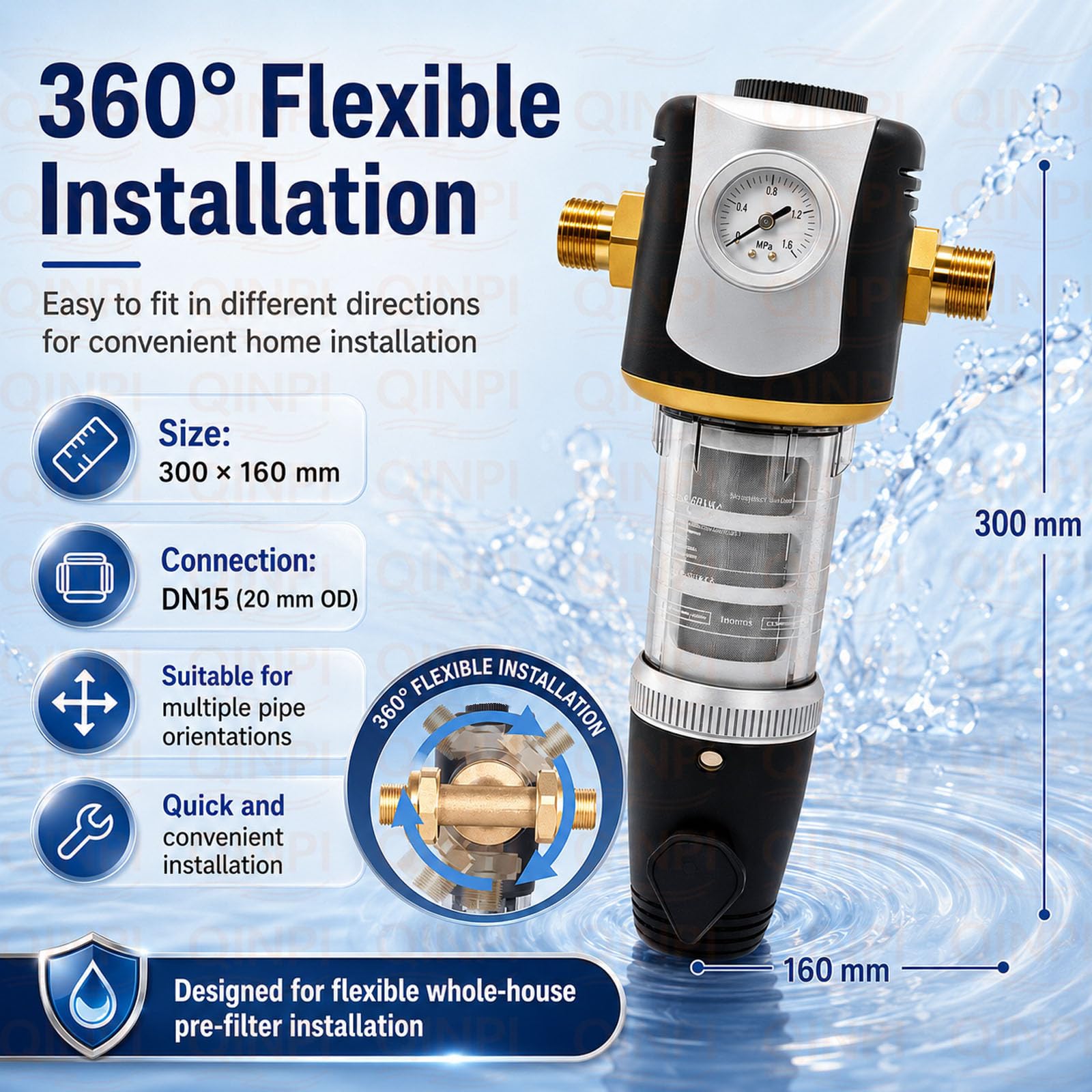 Prefiltro Acqua per Tutta la Casa, DN15 20 mm con Manometro, Rete in Acciaio Inox 316, Filtro Sedimenti 40 μm, Filtro Acqua a Controlavaggio ad Alta Portata 5000 L/h per Casa