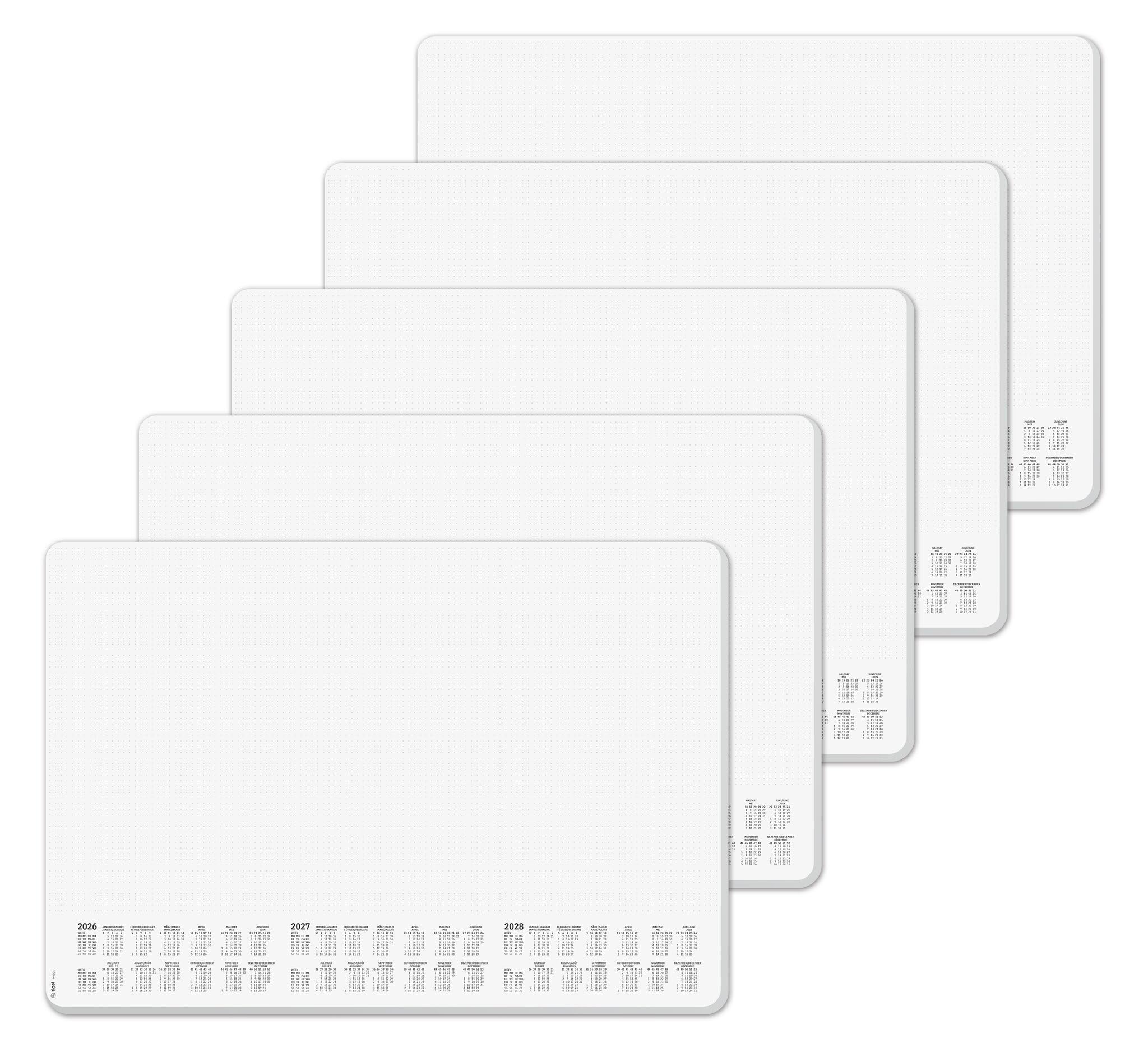 SIGEL H6301 Paper Desk pad- dot Grid - Dotted (dot Grid) - White - Approx. A2-2026/2027/2028 - DE/EN/FR/NL - 30 Sheets - FSC-Certified - Pack of 5
