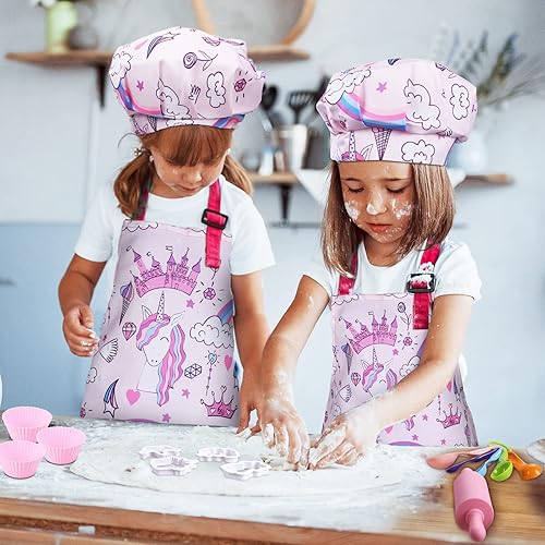 Miniatura 5 de Anpro Juego completo de cocina y horneado para niños, 27 piezas, incluye delantales para niñas, sombrero de chef, guante y utensilio para