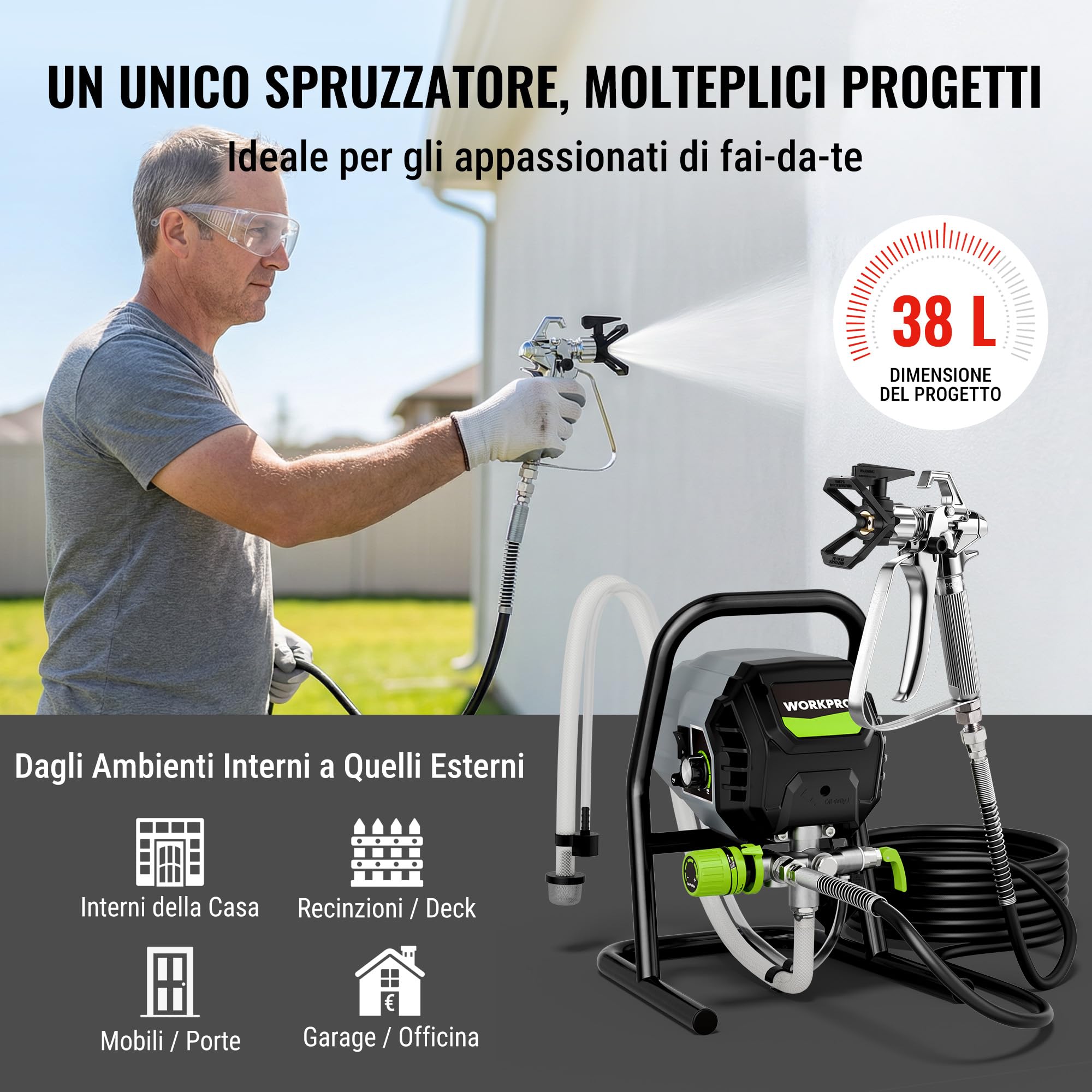 WORKPRO Airless Spruzzatore Vernice da 700W, Spruzzatore Professionale con 3 Impostazioni di Pressione Regolabili, Perfetto per Interni ed Esterni, Portata 1,2 l/min, Pressione Max 200 Bar
