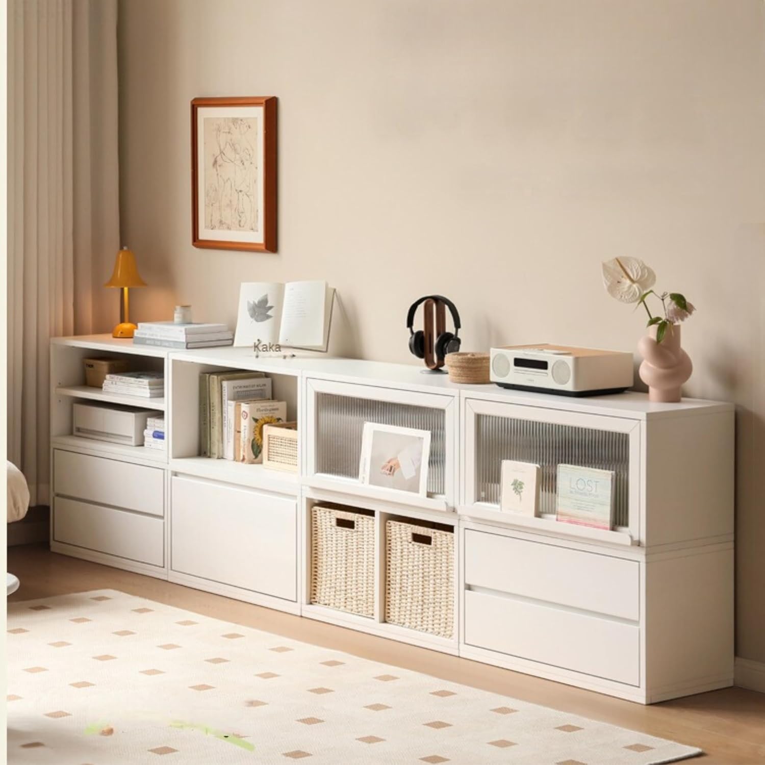 GVAwood Poplar Solid Wood TV Cabinet Floor Cabinet Cream Style, 27.6х13.8х15.8 inch / 70х35х40 сm/Warm White Color/Space Style