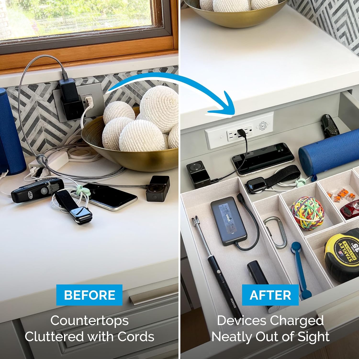 Docking Drawer Blade in-Drawer Outlet, Integrated Safety Shutoff, (2) USB-A & (2) 15 amp AC, White