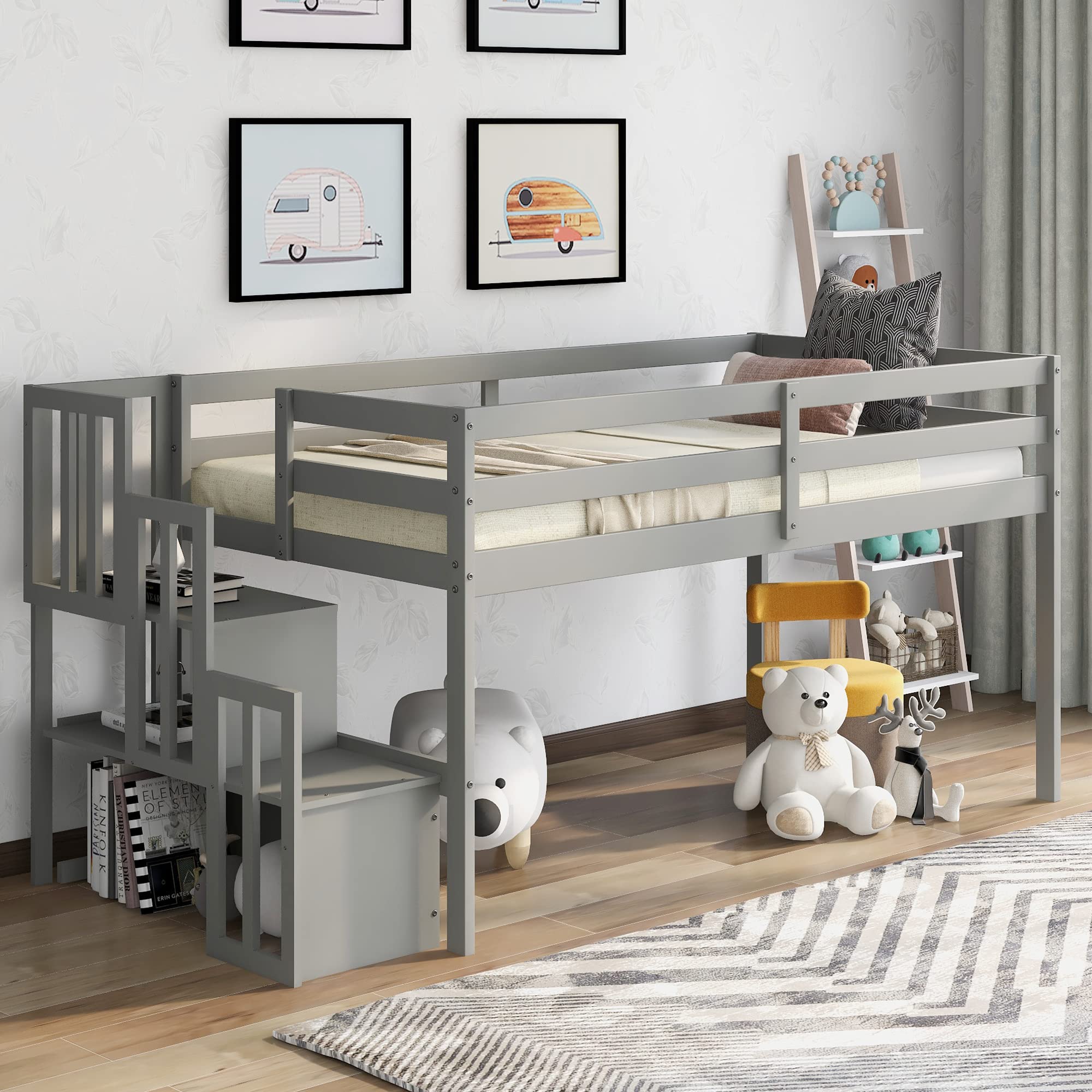 Buy STARTOGOO Twin Size Wood Low Loft Bunk Bed with Staircase, Bedframe