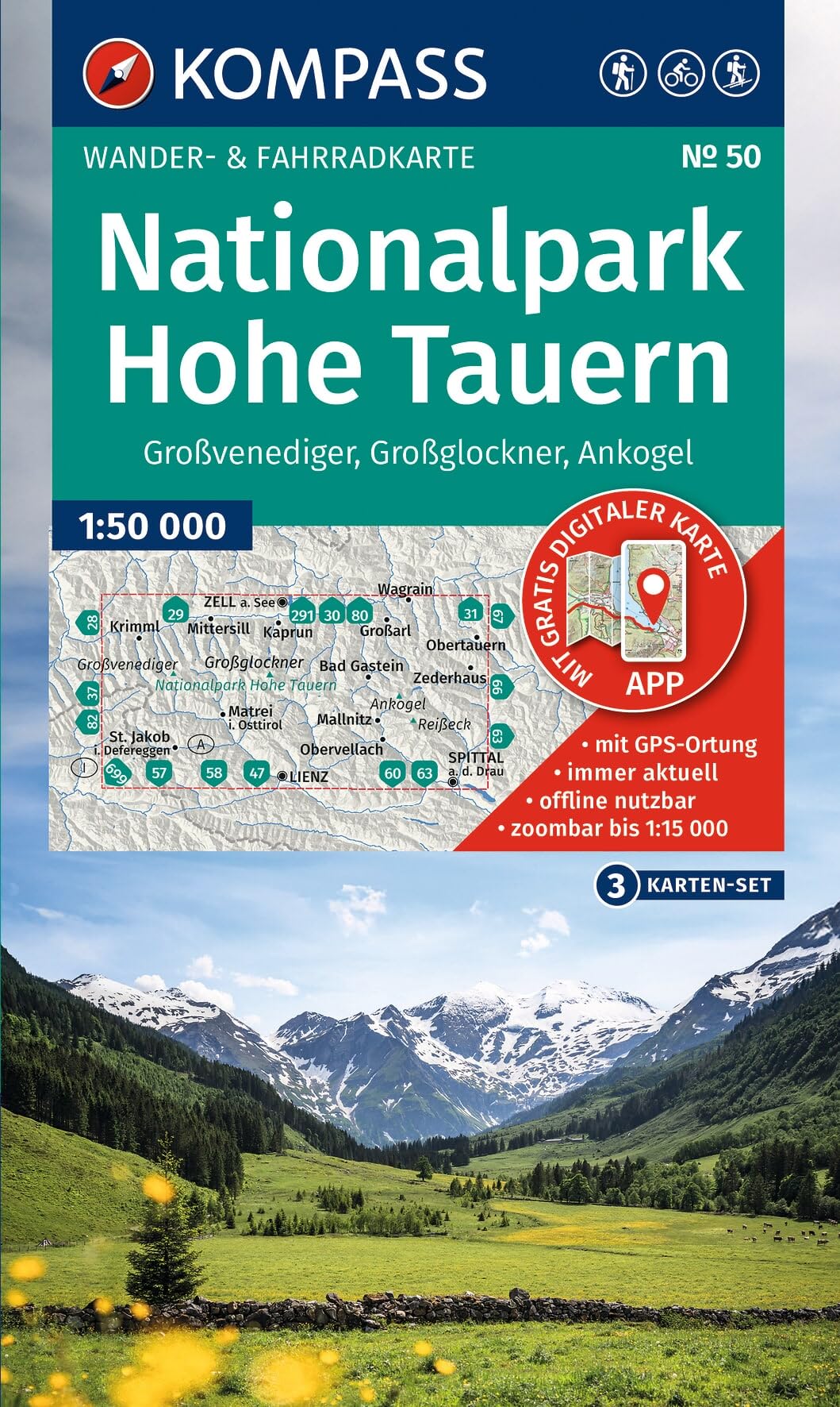 KOMPASS Wanderkarten-Set 50 Nationalpark Hohe Tauern, Großvenediger, Großglockner, Ankogel (3 Karten) 1:50.000: inklusive Karte zur offline Verwendung in der KOMPASS-App. Fahrradfahren. Skitouren.