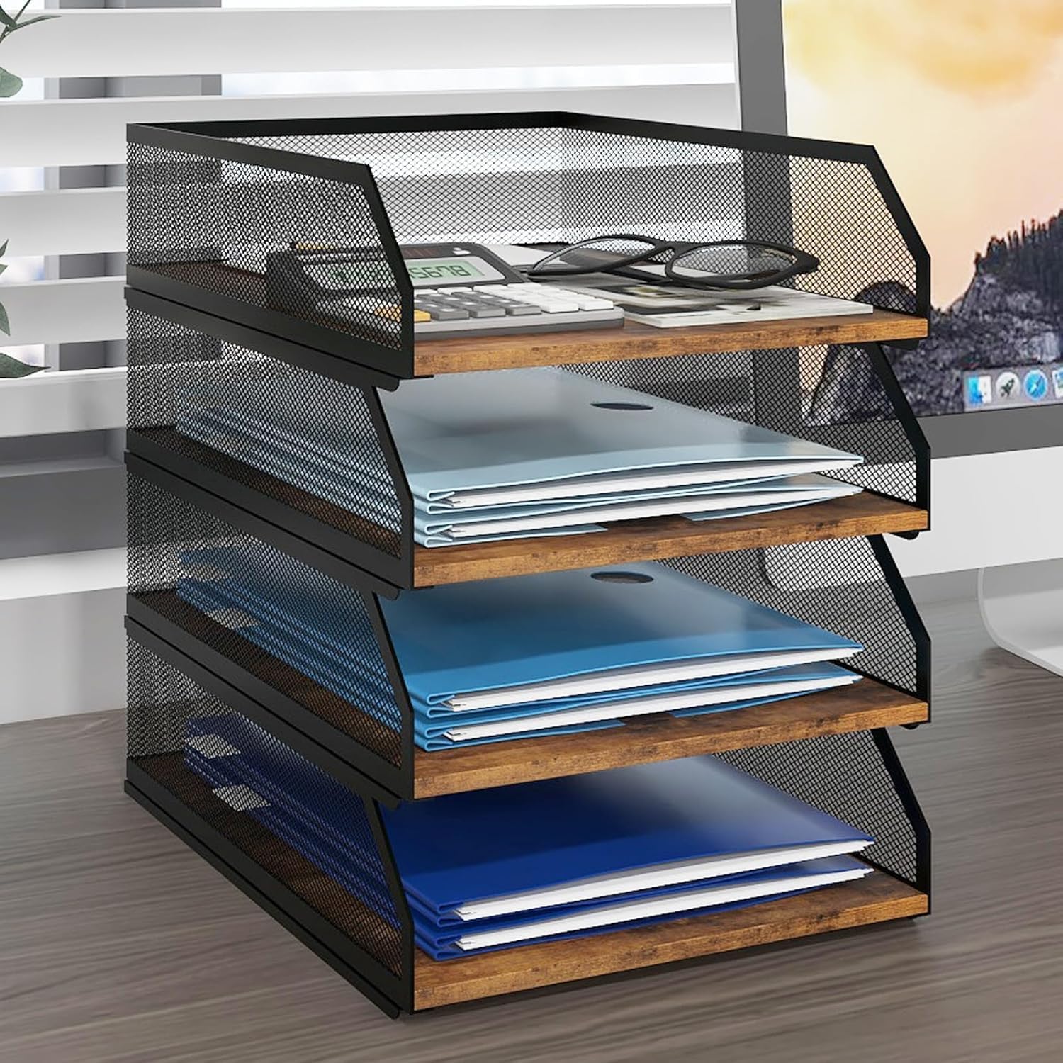 PUNCIA Stapelbare Papierablage mit 4 Ebenen, Metallgitter, Schreibtisch-Organizer | Papiersortierer aus Holzbrett, Briefablage, Aktenregal für Zuhause, Büro, Schule (Retro)