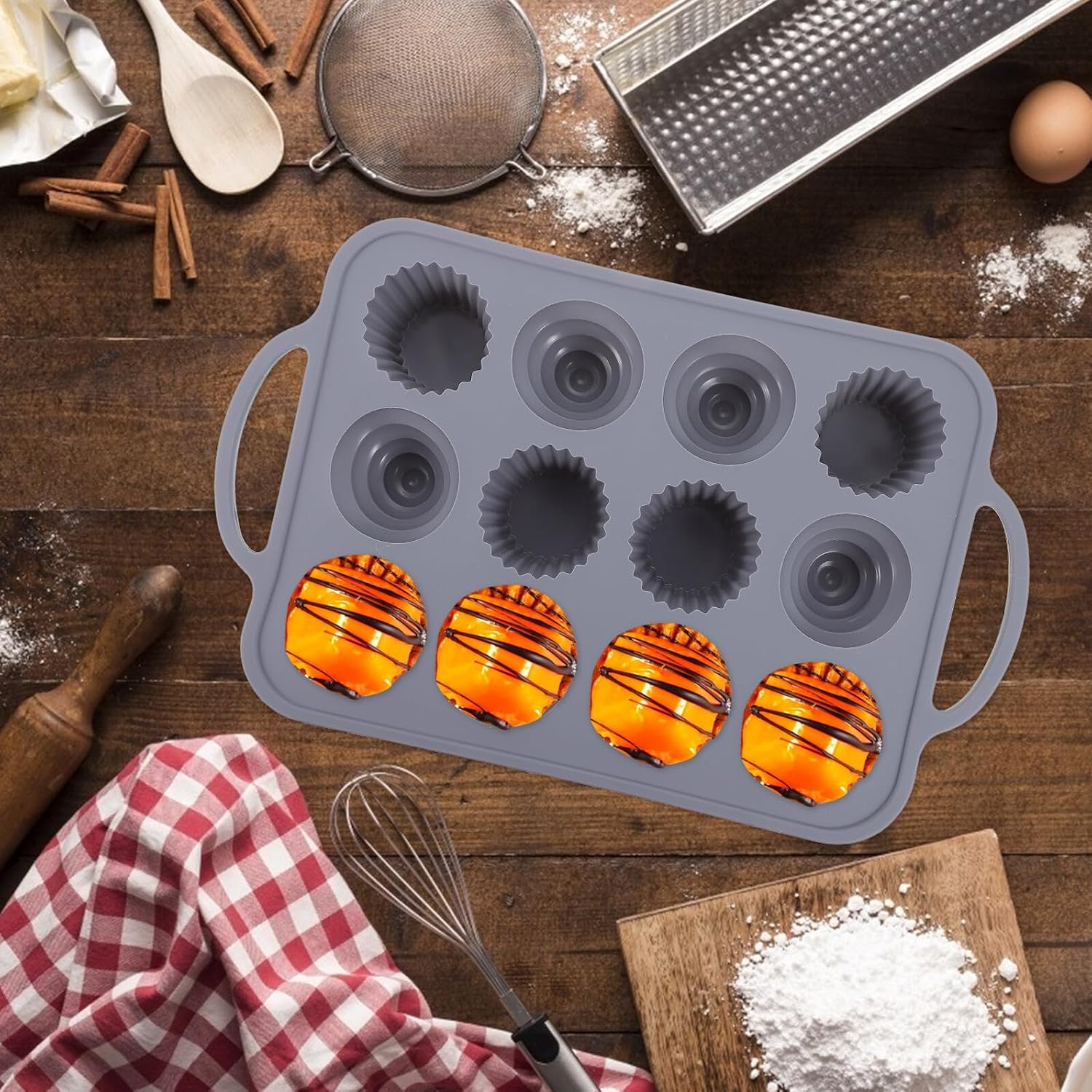 Uonlytech 12-cavity Silicone Cupcake and Chocolate Molds Nordic Gray Non-stick Baking Moulds for Cake Pops and Muffins, Flexible Food-grade Silicone Bakeware for Home Baking
