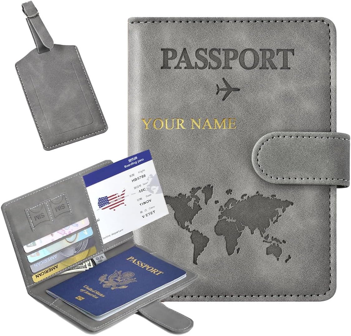 Personalized Name Passport Holder, Custom Gold Initial PU Leather Case,RFID Blocking Document Organizer & Travel Wallet, Essentials for Men and Women
