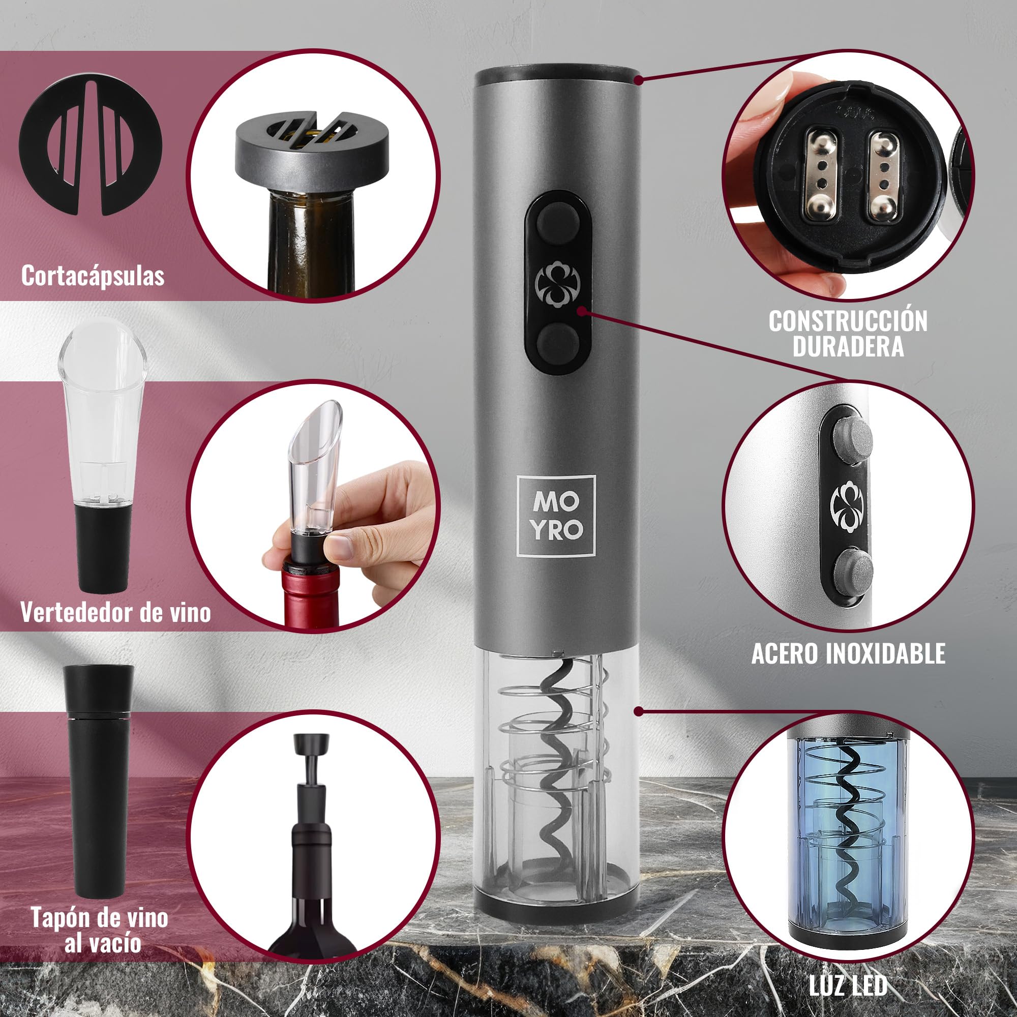 Sacacorchos Eléctrico, Abridor de Vino Automatico Profesional 4 en 1 con Cortacapsulas Botella, Vertedor de Vino, Tapón de Vino de Vacío, Funciona con 4 Pilas AA (no incluidas).