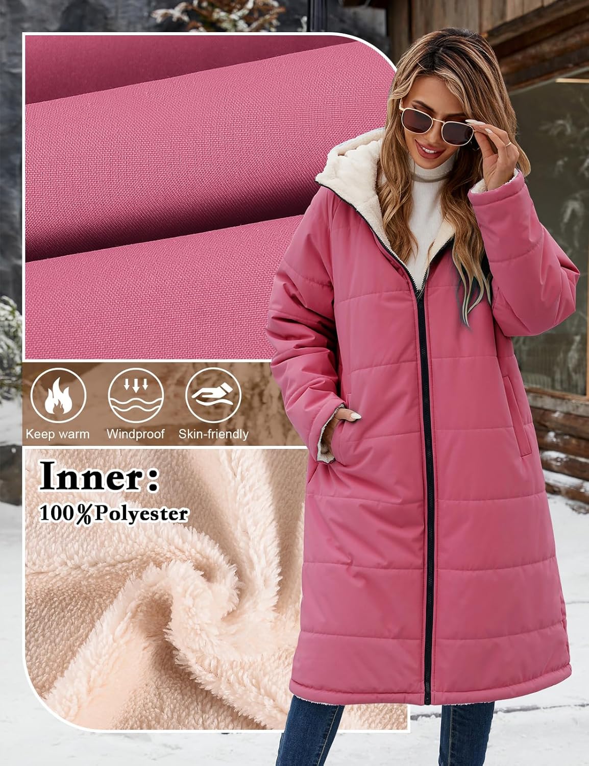 Womens Winter Coat Long Coats Sherpa Fleece Quilted Puffer Jackets with Hood Zip Warm Thicken Outwear - Image 5