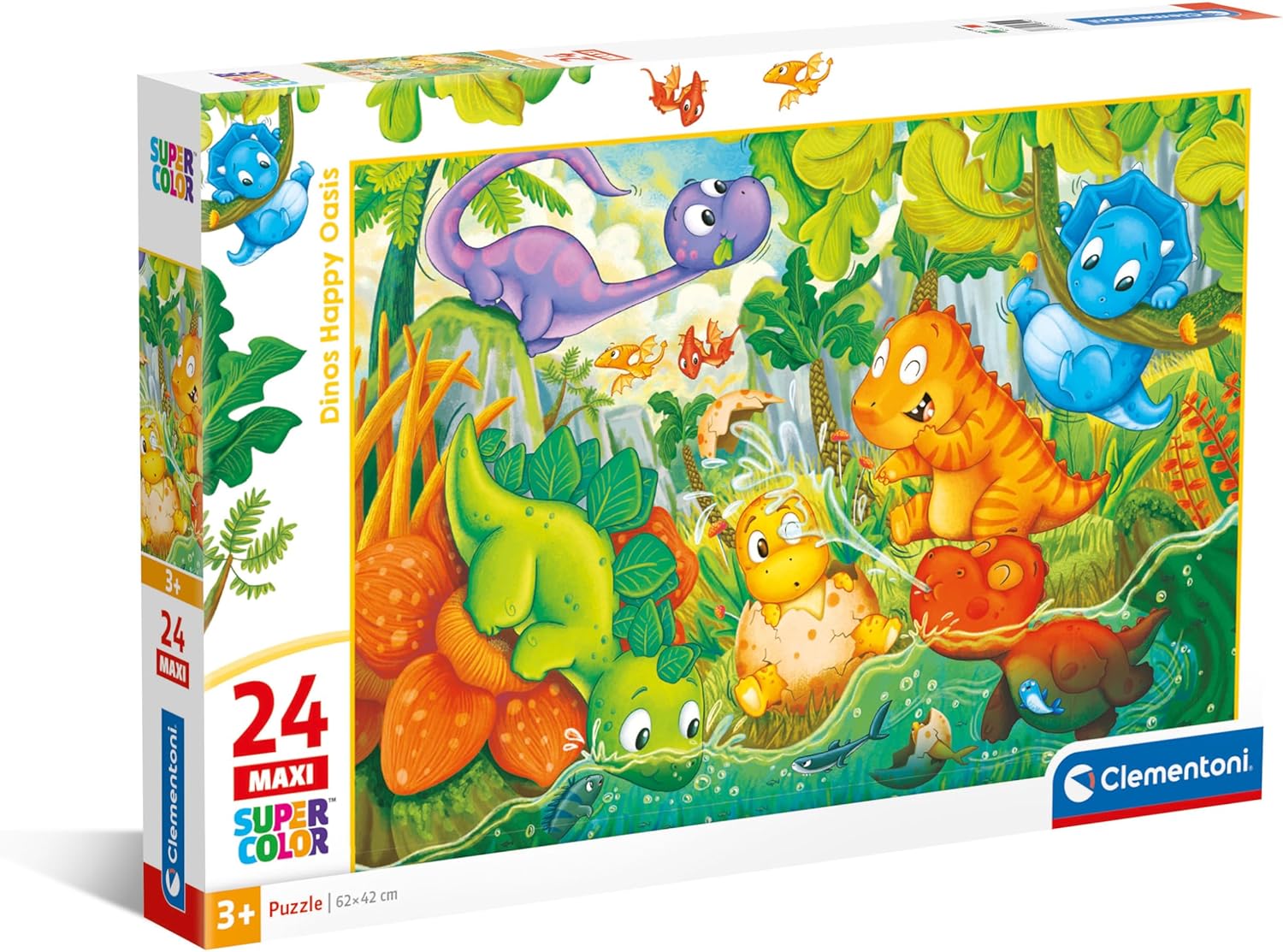 Clementoni - Supercolor Dinos Happy Oasis-24 Maxi Pieces Children 3 Years, Puzzle Dinosaurs, Illustration, Made in Italy, Multicoloured, 28524