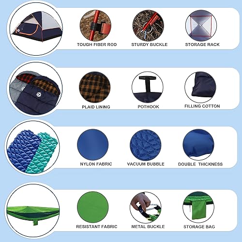 Miniatura 5 de Northroad 9PCS Camping Tent Kit, Including 1 23 Person Dome Tent, 2 Sleeping Bag, 2 Sleeping PadCamping Mat, 2 Single Camping Hammock with 2 Tree