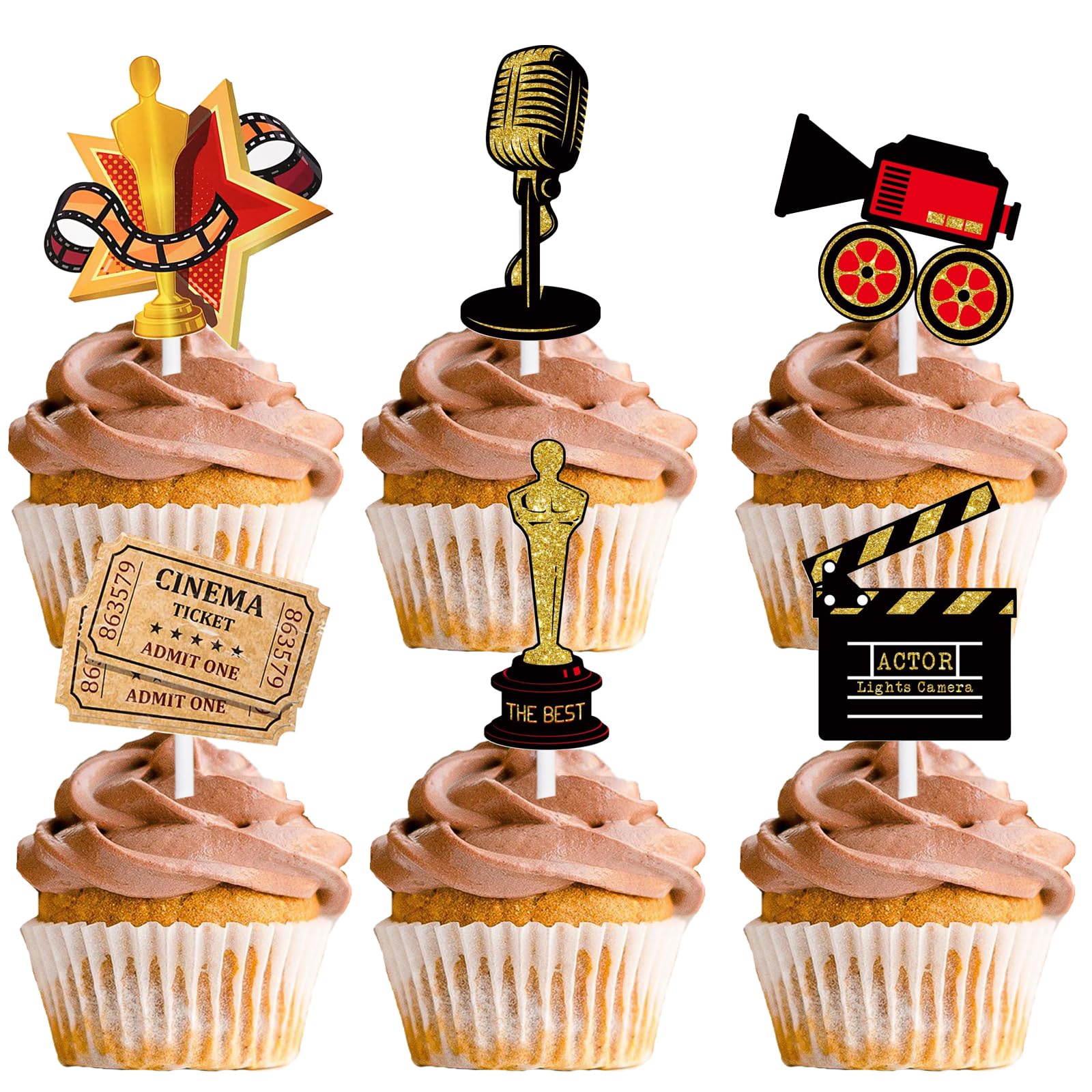 18pcs Black Gold Glitter Film Festival Dessert Cupcake Topper Movie Night Theme Decor Supplies Men Women Boy Girl Happy Birthday Party Decorations