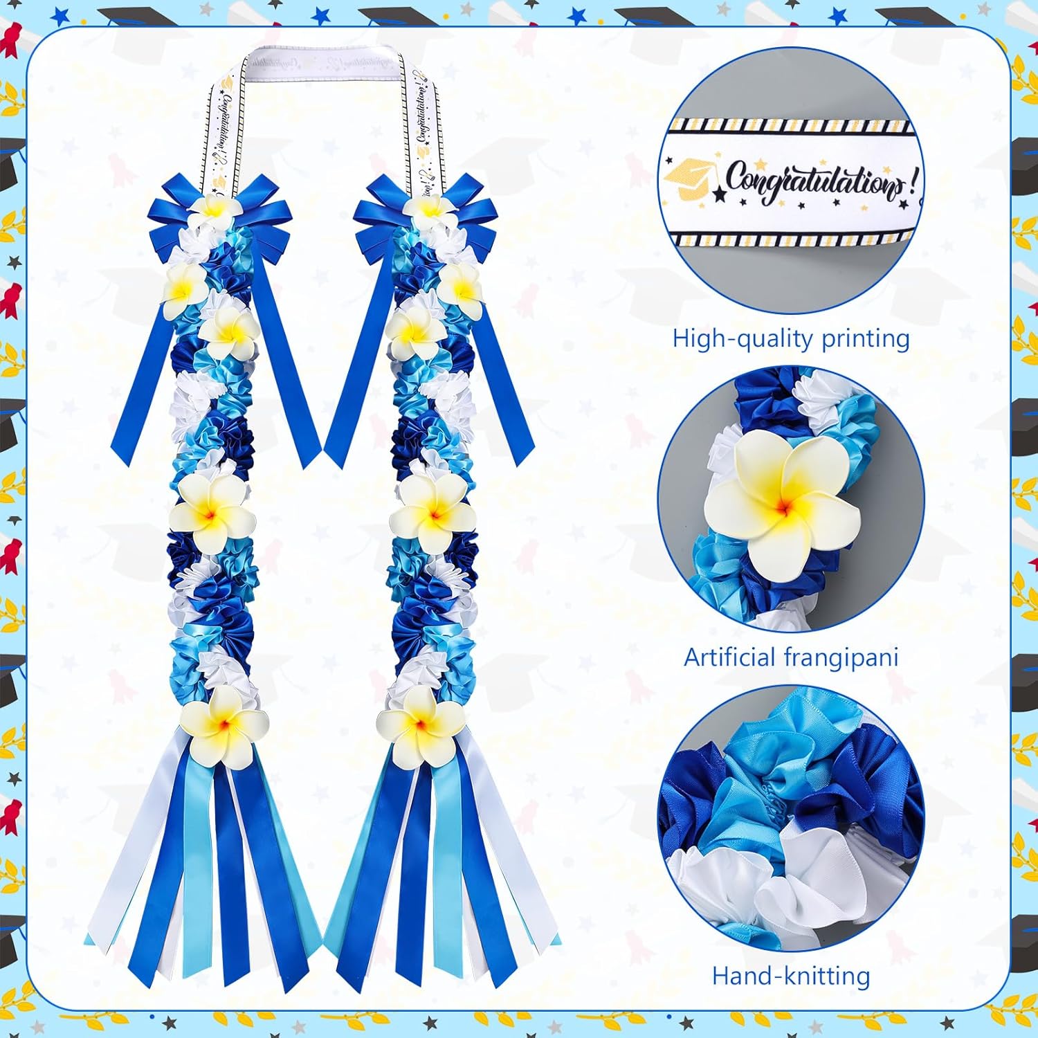 Suncalla Plumeria Graduation Lei 2026 Blue White Hawaiian Ribbon Graduation Braided Lei with Flowers for Adults Class of 2026 School College Student Congrats Grad Gifts Party Accessories