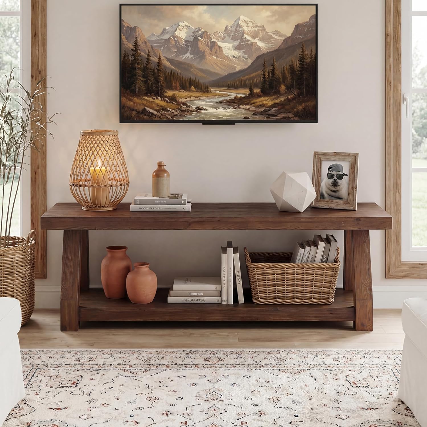 63" Solid Wood TV Stand, 2-Tier Media Console with Open Storage, Farmhouse Entertainment Center for Living Room, Bedroom, Entryway, Easy Assembly, Rich Walnut Brown (Fits TVs up to 75")