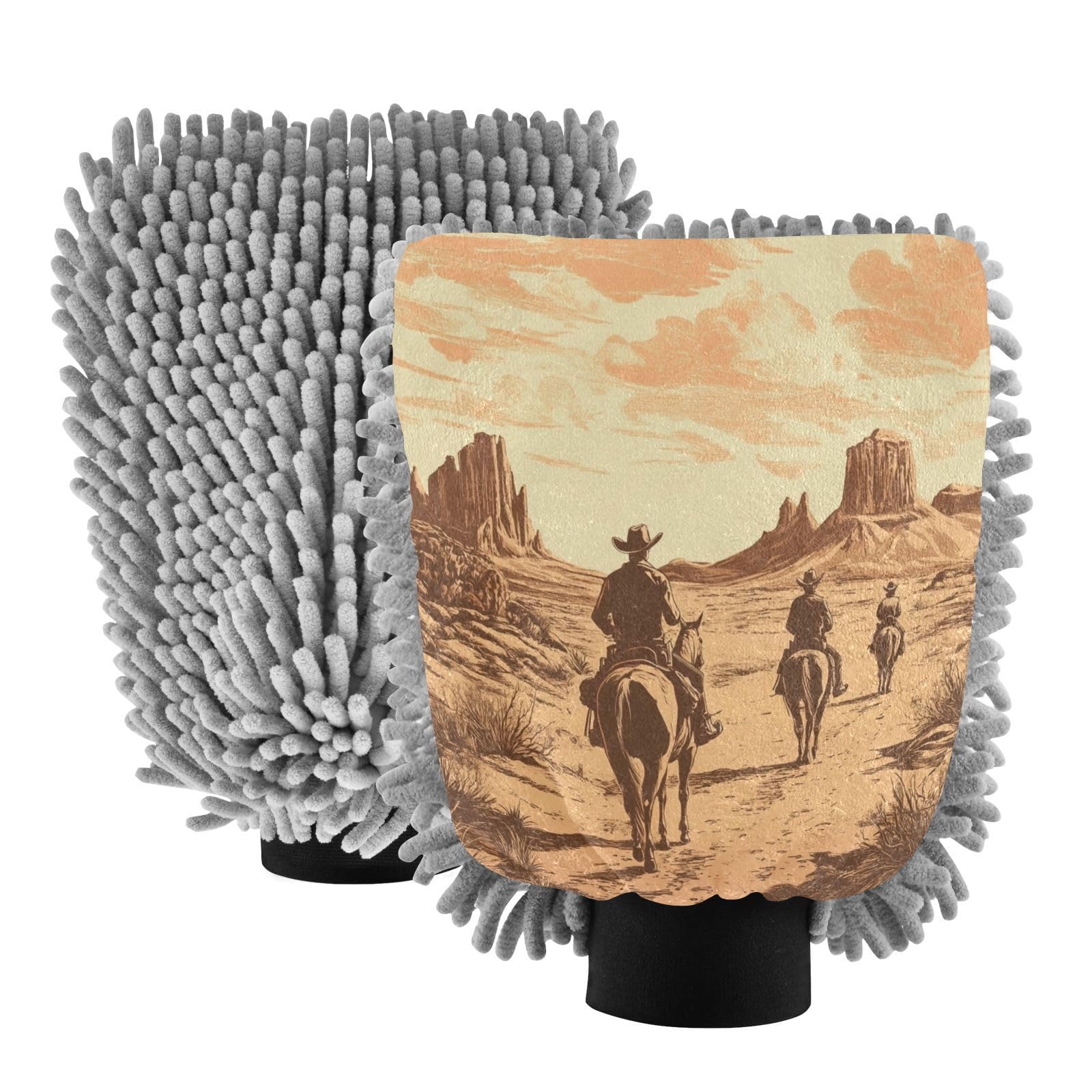 Flradish 2 Pack Western Cowboy Car Wash Mitt Chenille Microfiber Lint-Free Scratch Free Ultra-Soft Absorbent Car Wash Mitt 10.2x7.09 Inch