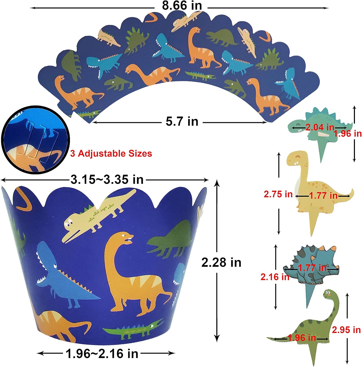 Dinosaur Cupcake Wrappers & Toppers Set (24+24PCs) - Jurassic Theme Food-Safe Paper Decorations for Birthday, Baby Shower Party Supplies